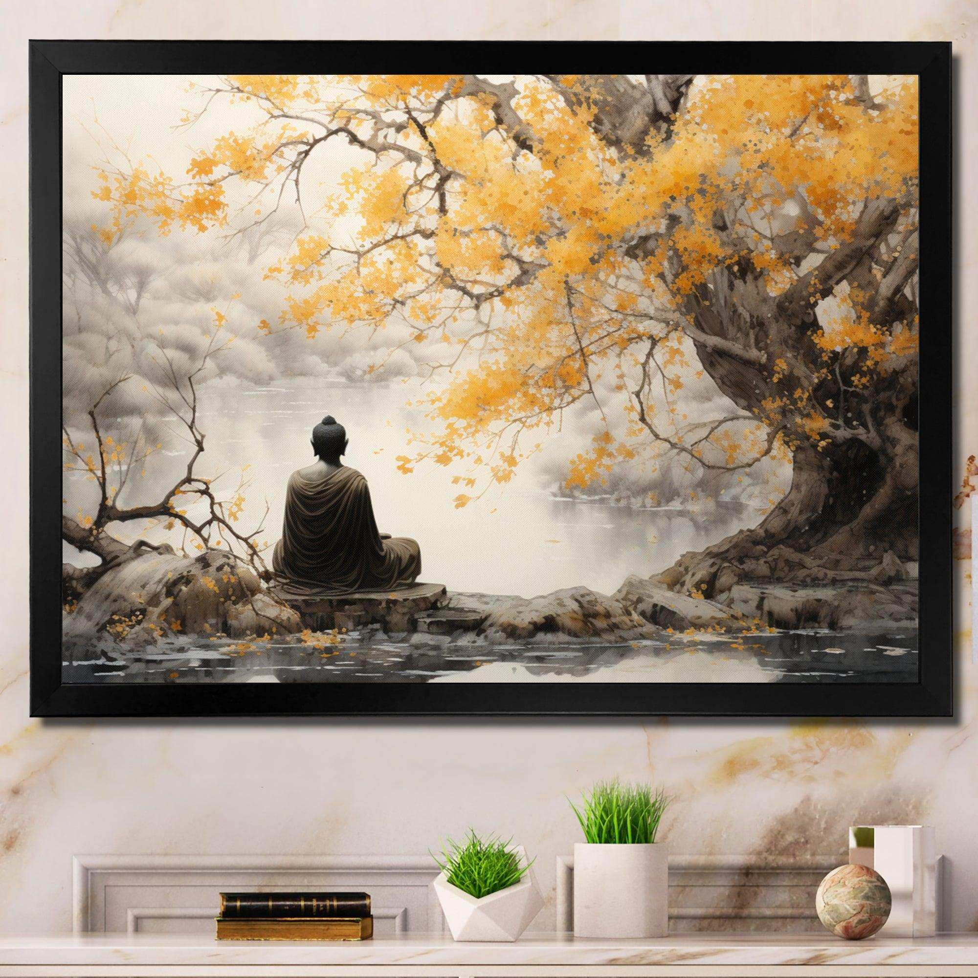 Grey And Yellow Buddhism Enlightened Path II - Spiritual Canvas Wall Art