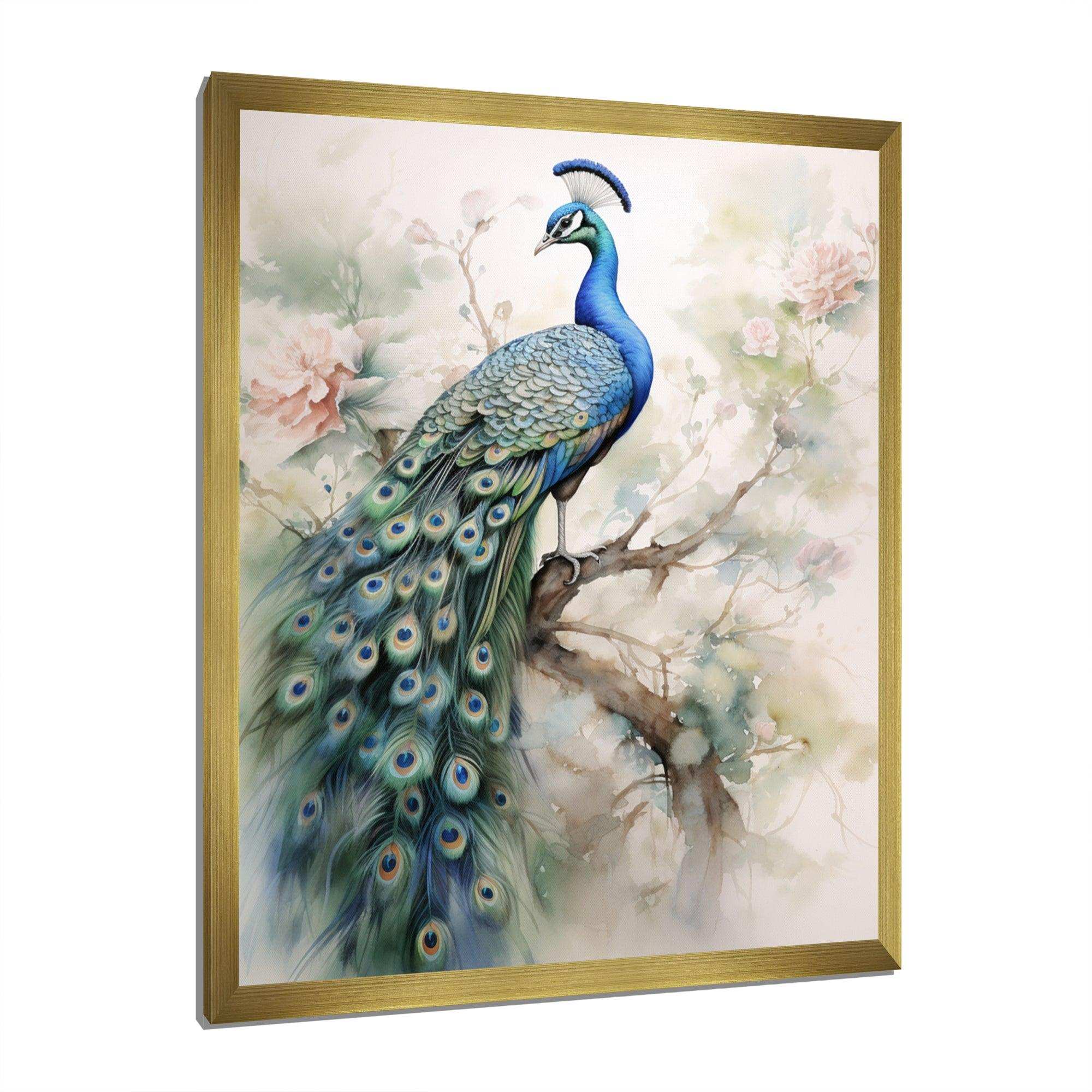 Blue Ink Wash Peacock II - Animals Canvas Wall Art