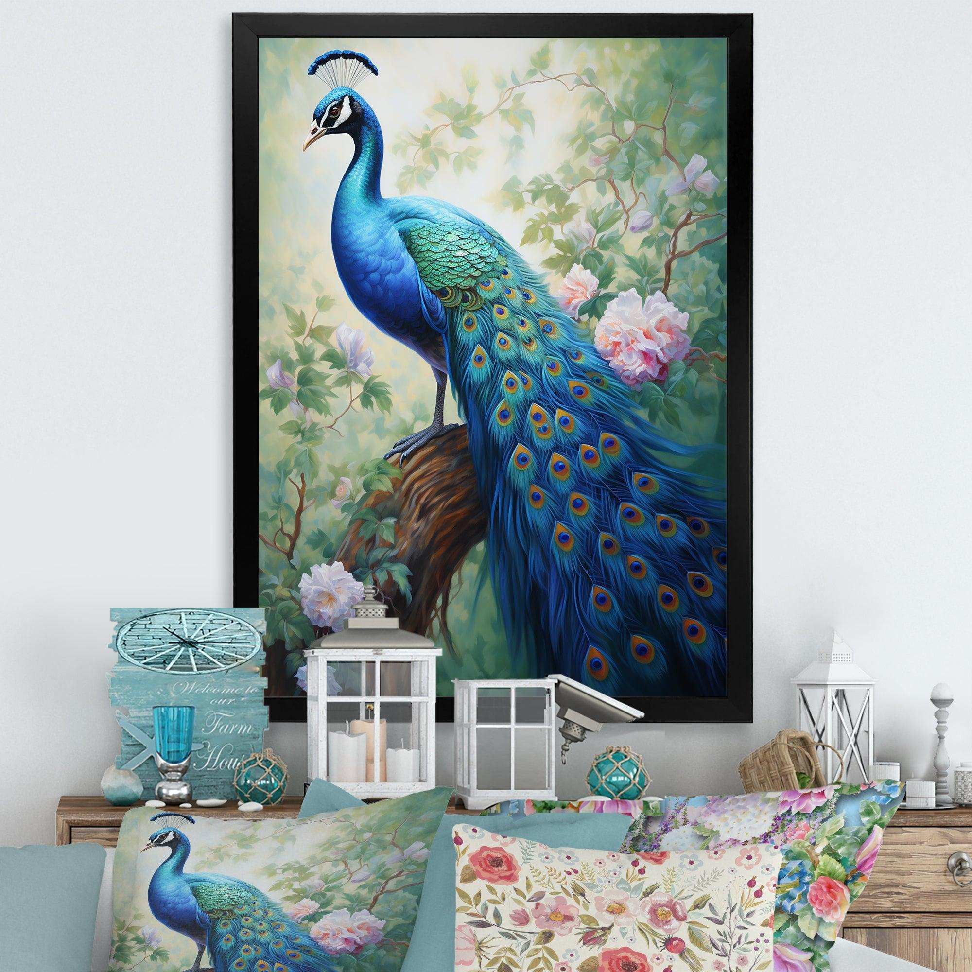 Blue Ink Wash Peacock III - Animals Canvas Wall Art