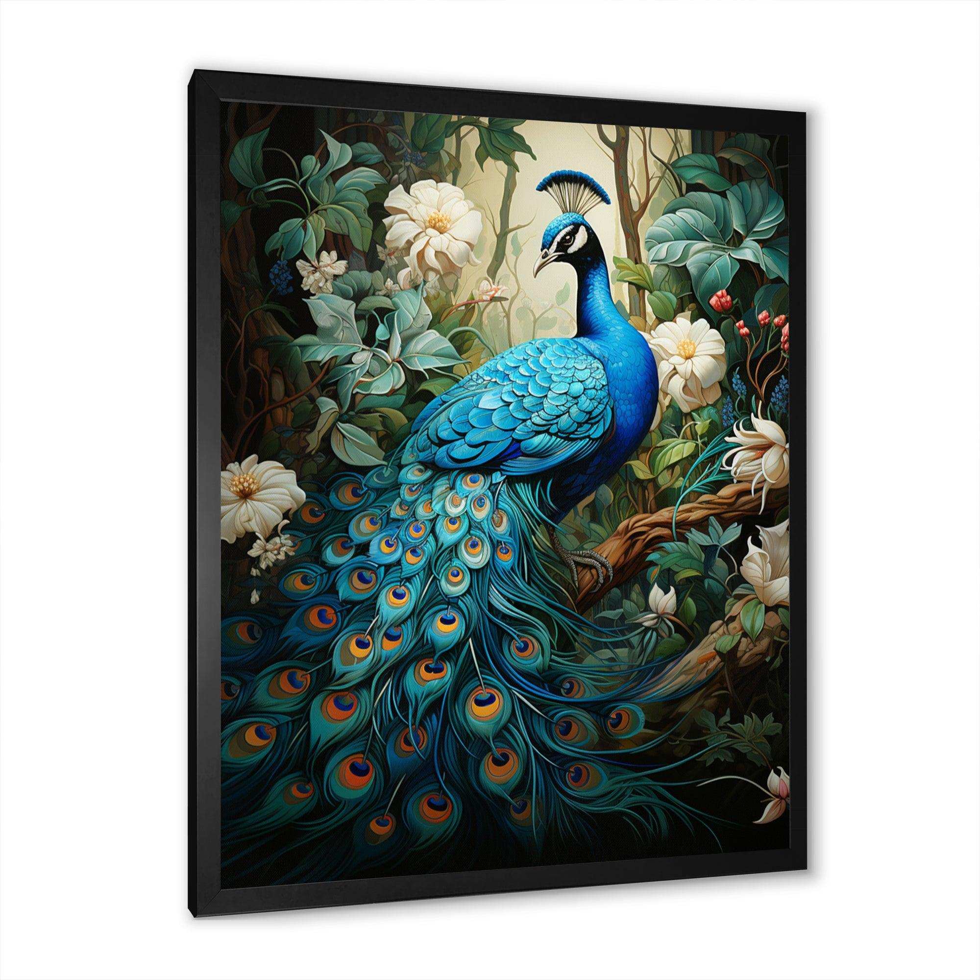 Teal Peacock Monochrome - Animals Canvas Wall Art