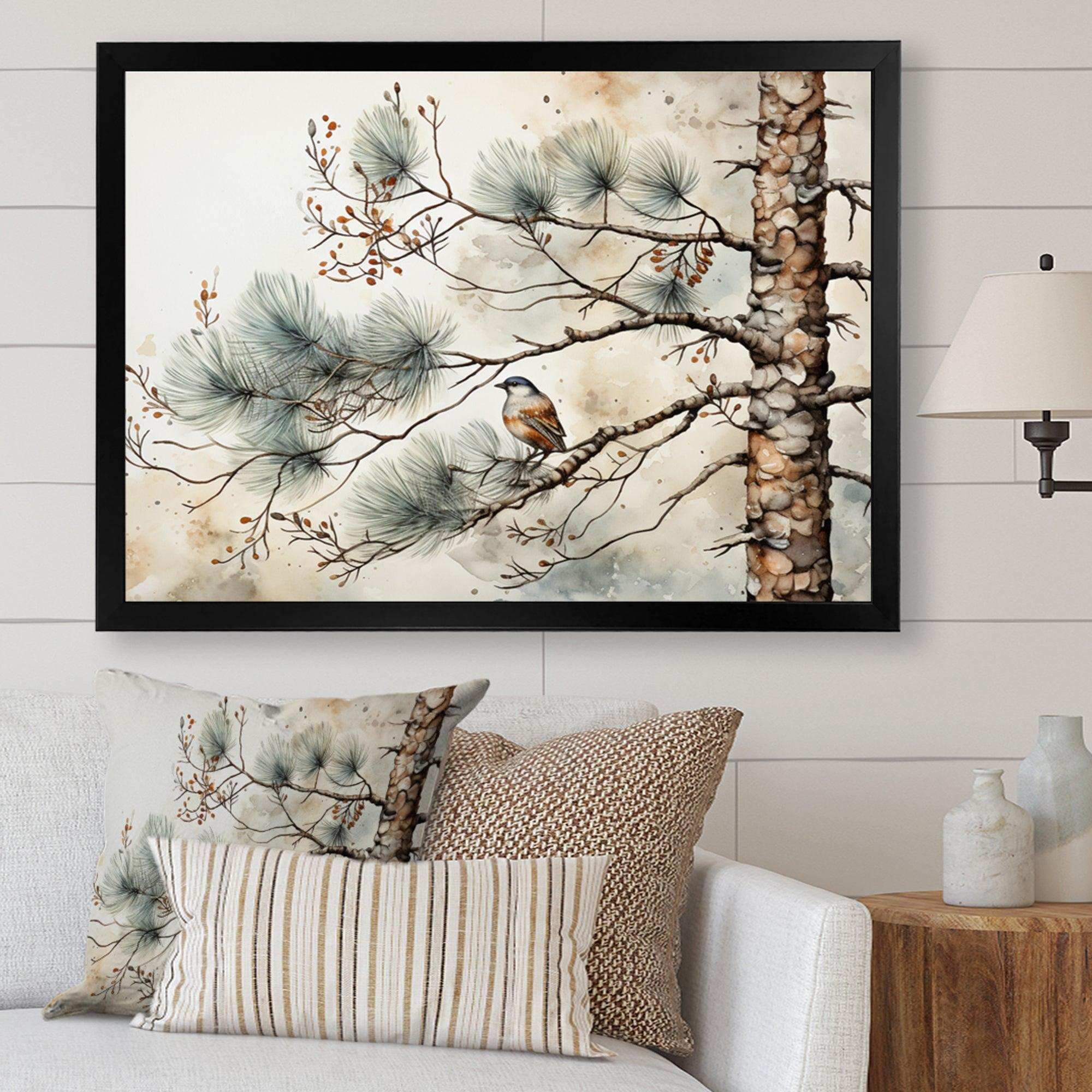 Bird On Pine Tree II - Floral Canvas Wall Art
