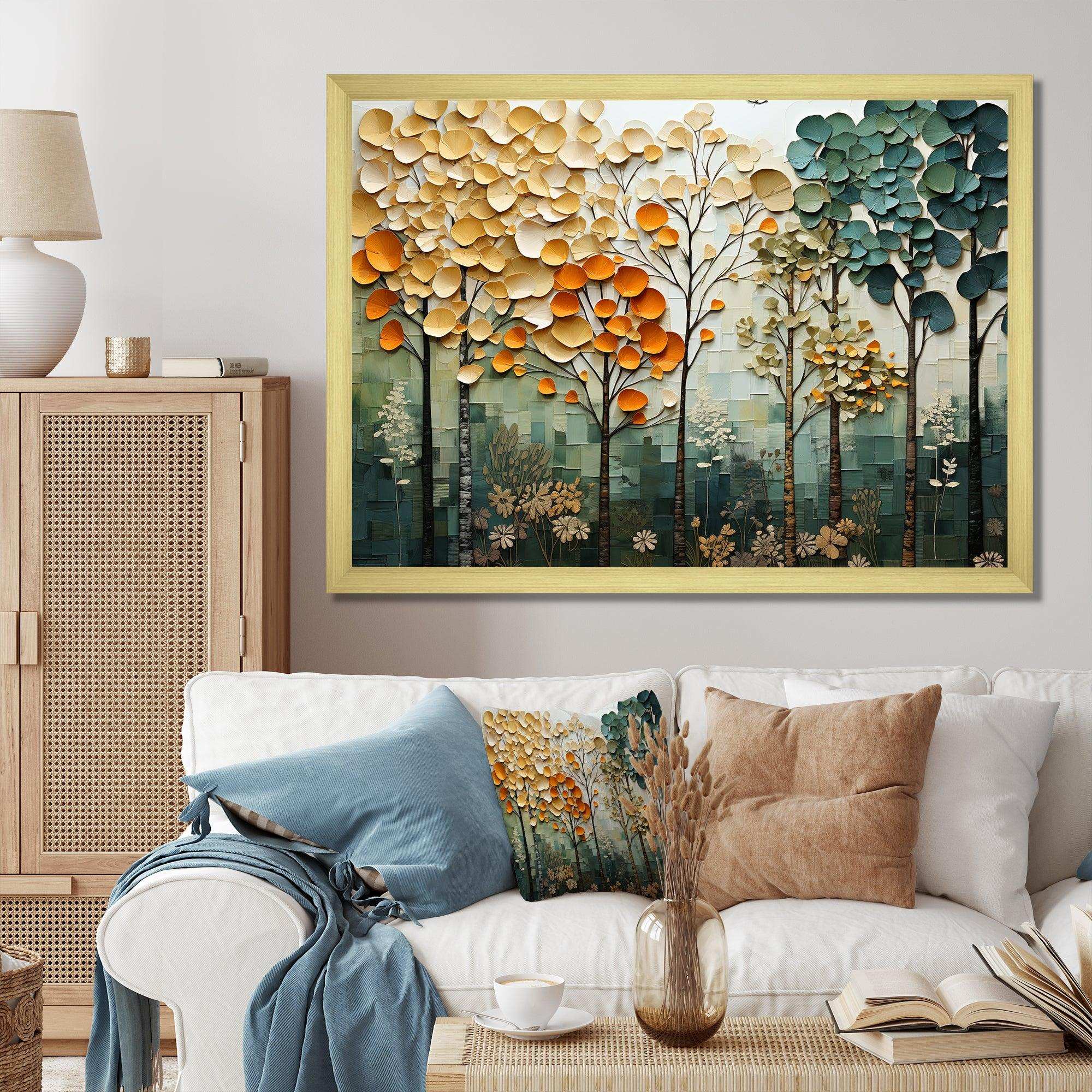 Orange Green Trees Canopy Patchwork I - Landscapes Canvas Wall Art