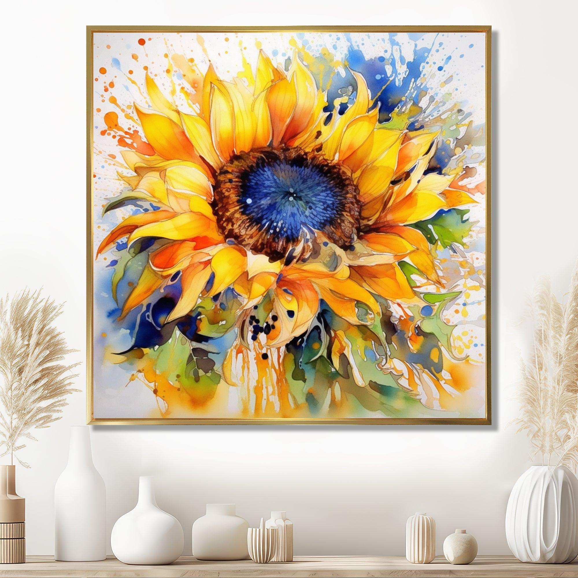 Yellow Blue Golden Cheerful Sunflowers - Floral Canvas Wall Art