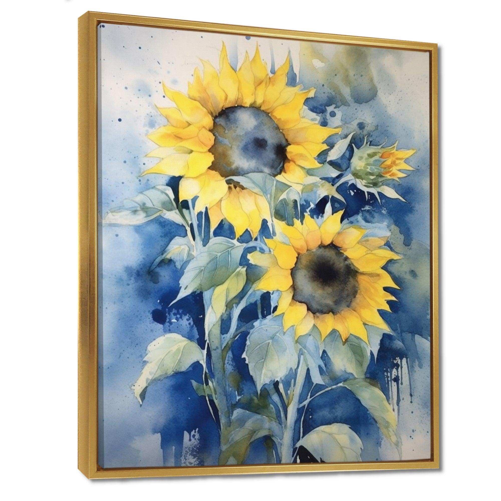 Yellow Blue Sunflower Golden - Floral Canvas Wall Art