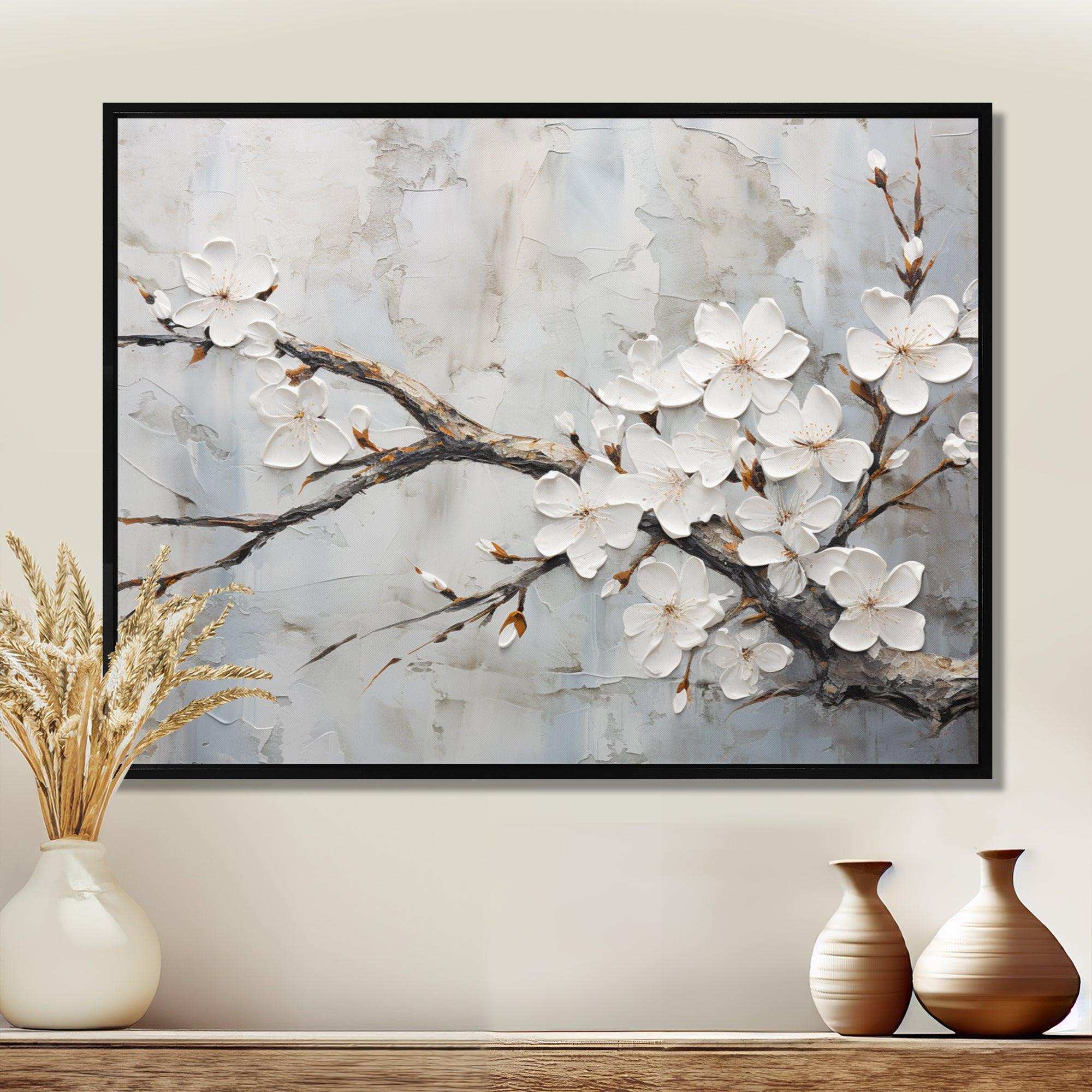 Minimalism White And Grey Cherry Blossom - Floral Canvas Wall Art