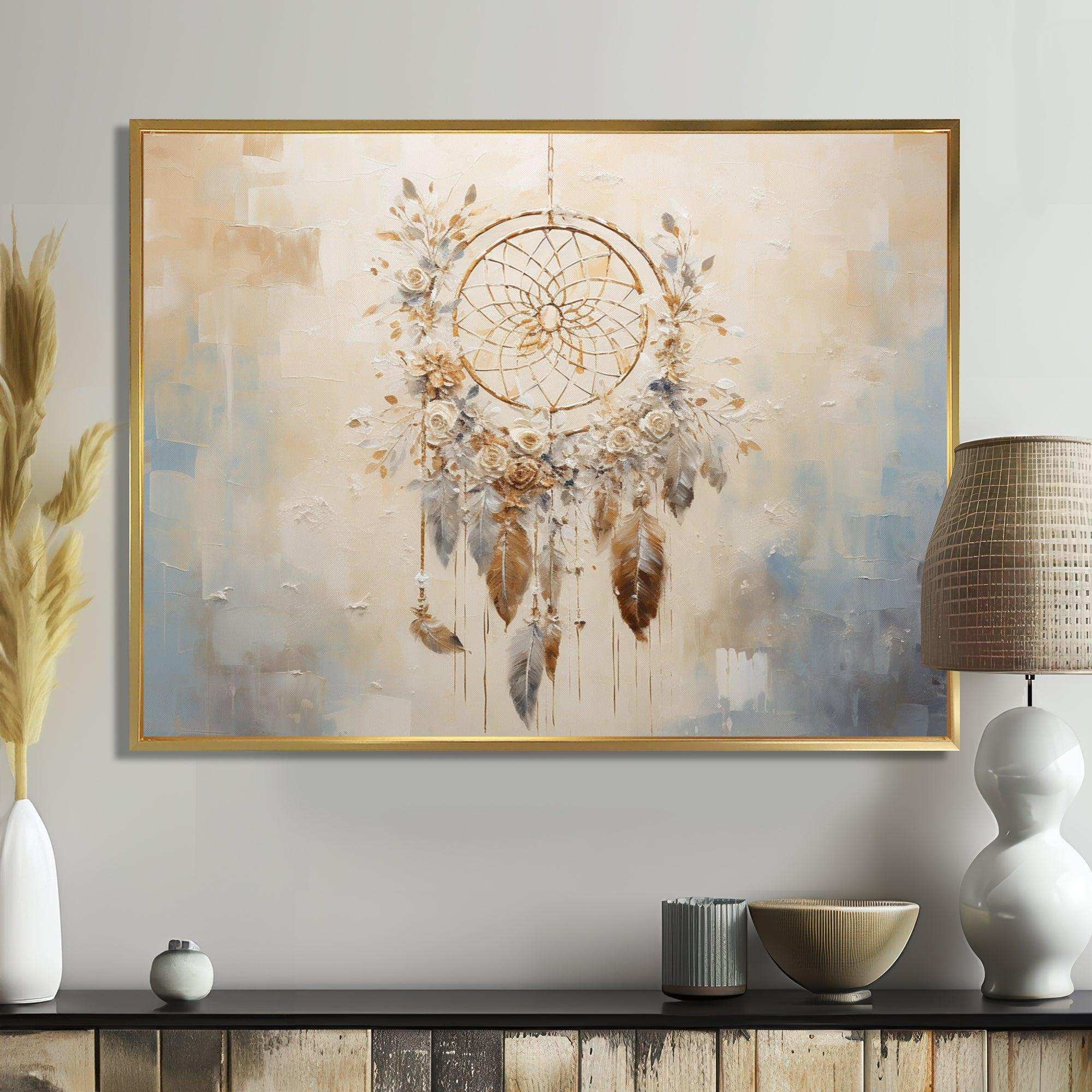 Beige And Grey Threads Of Dreams Dreamcatcher - Spiritual Canvas Wall Art