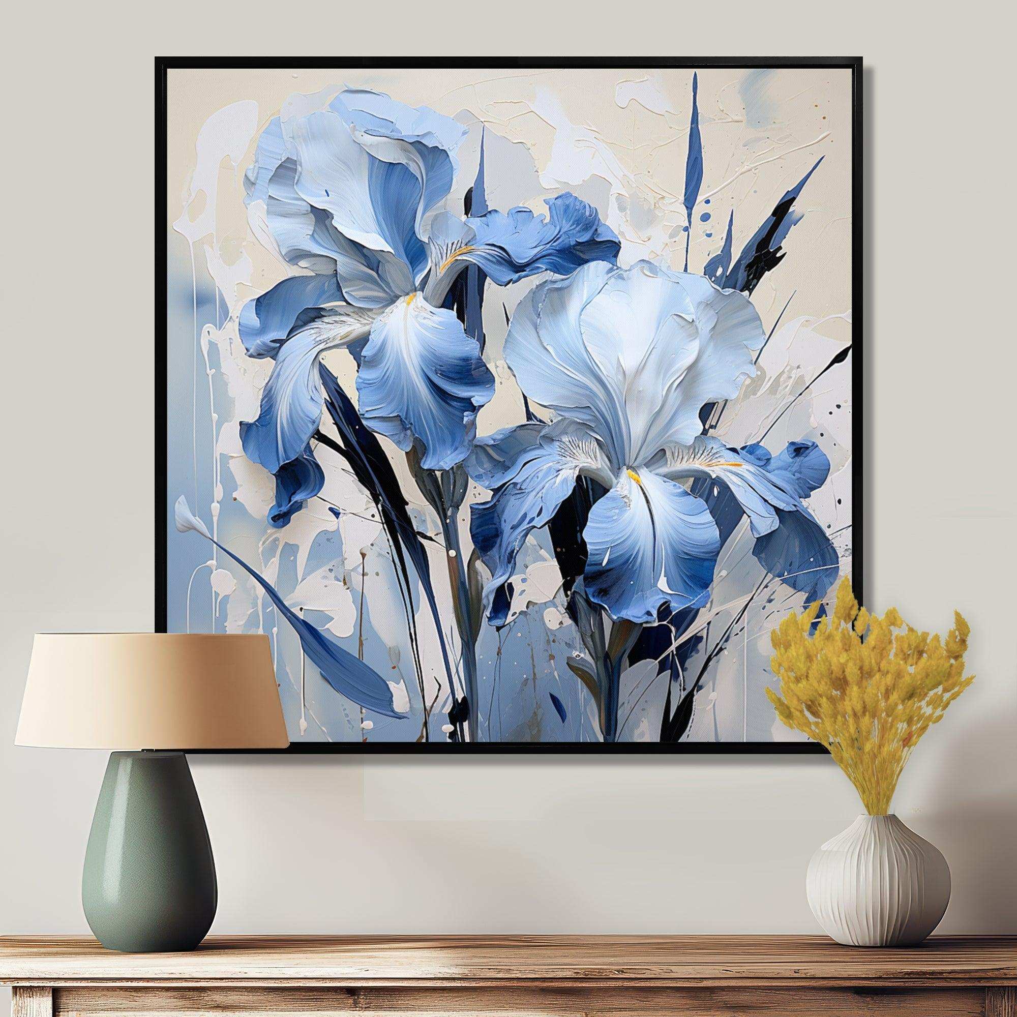 Blue And White Garden Of Irises - Floral Canvas Wall Art