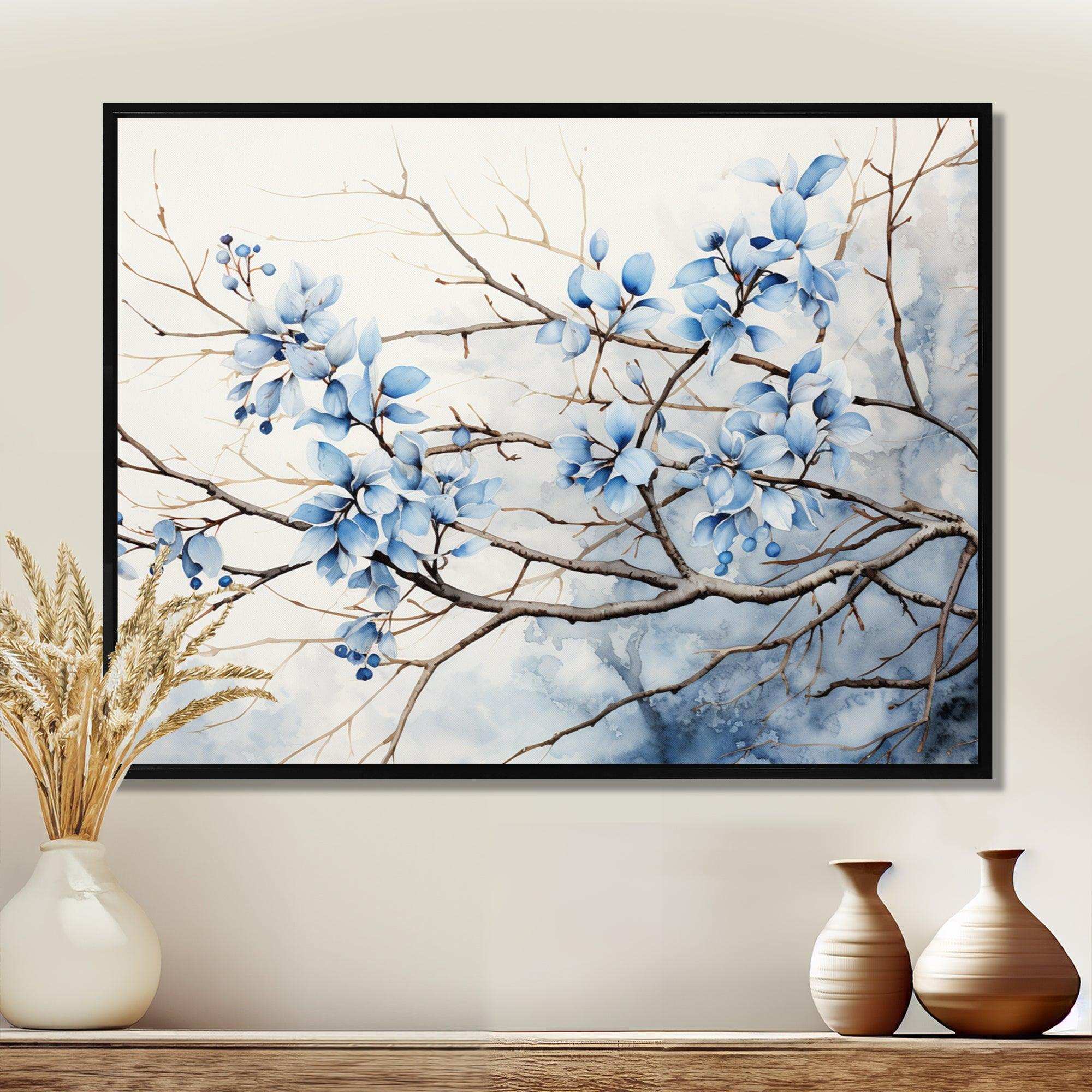 Blue And Grey Leave On Branch - Floral Canvas Wall Art