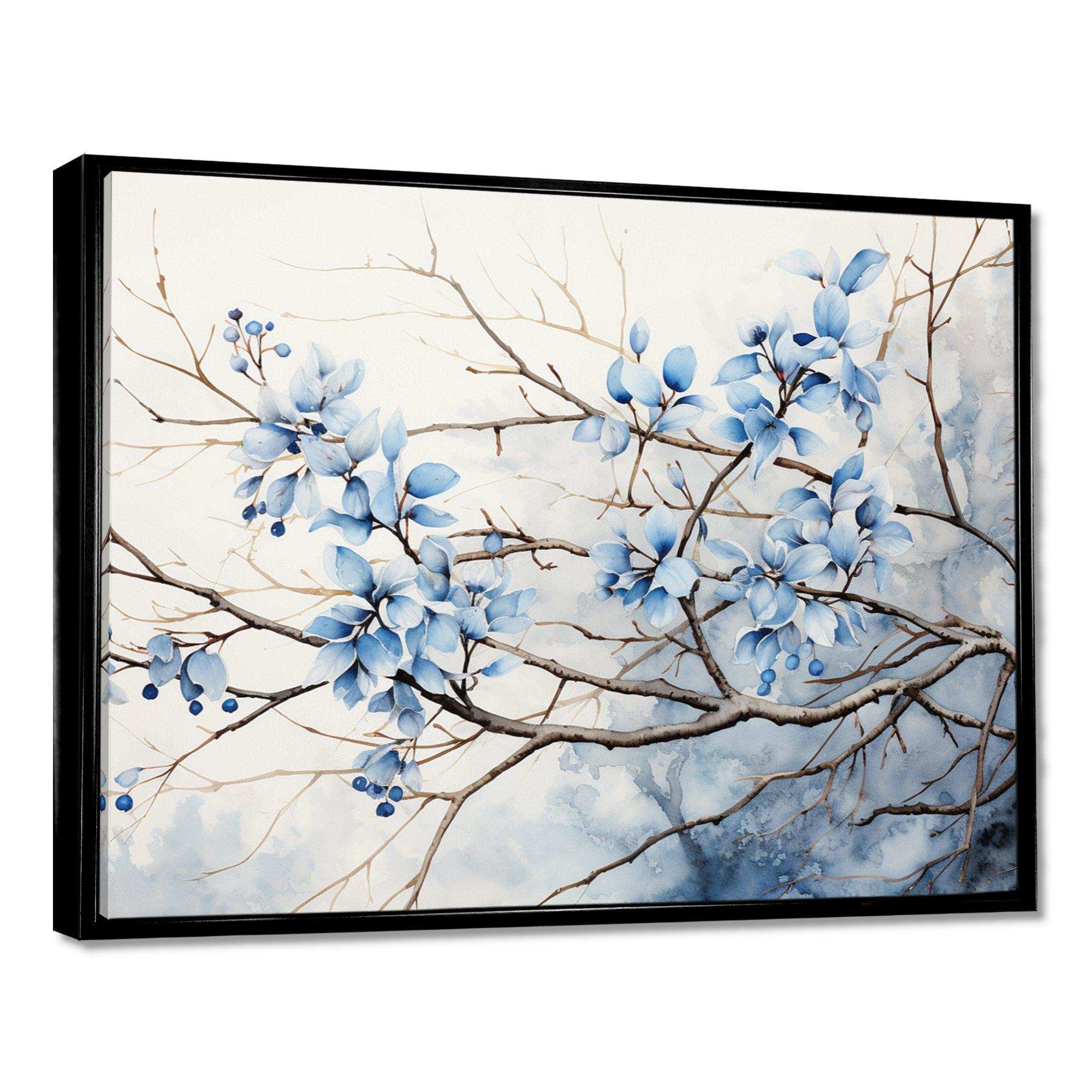 Blue And Grey Leave On Branch - Floral Canvas Wall Art