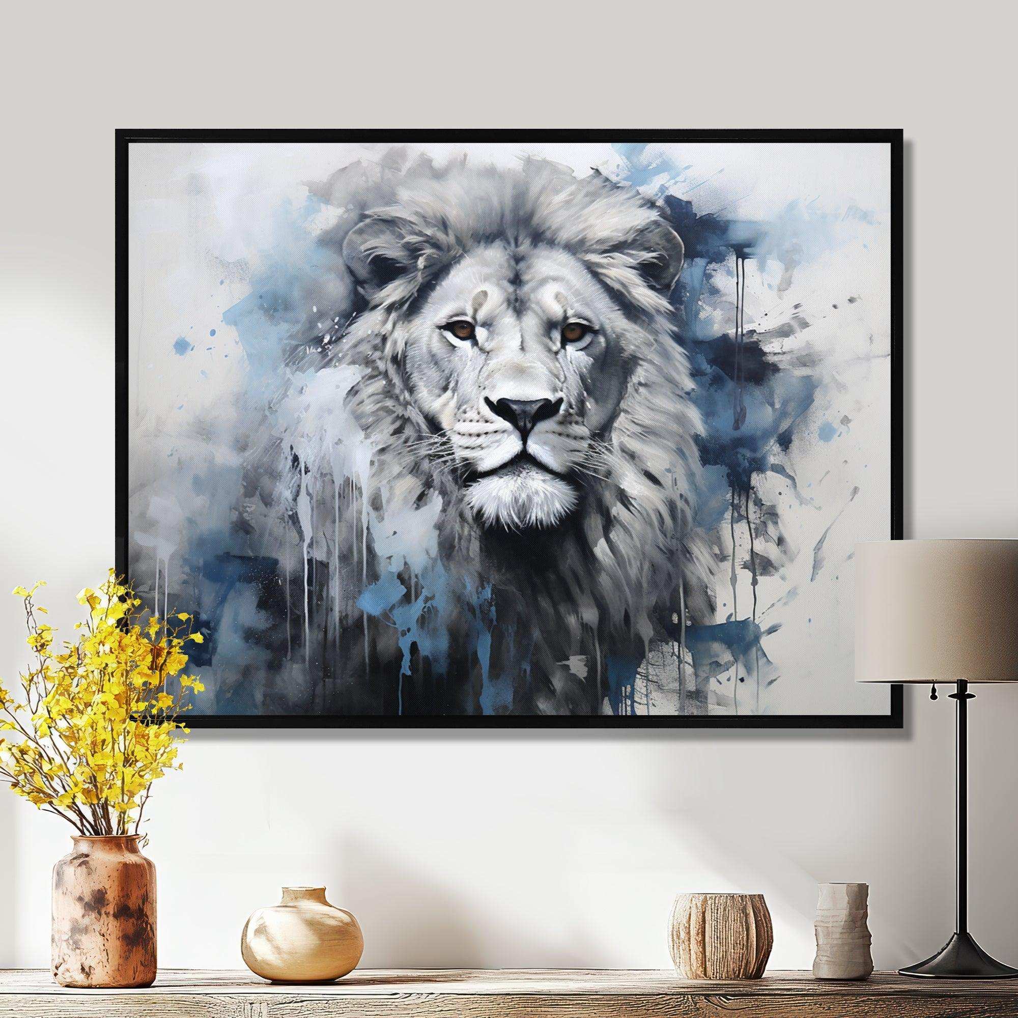 Grey And Blue Savannah Royalty Lion II - Animals Canvas Wall Art