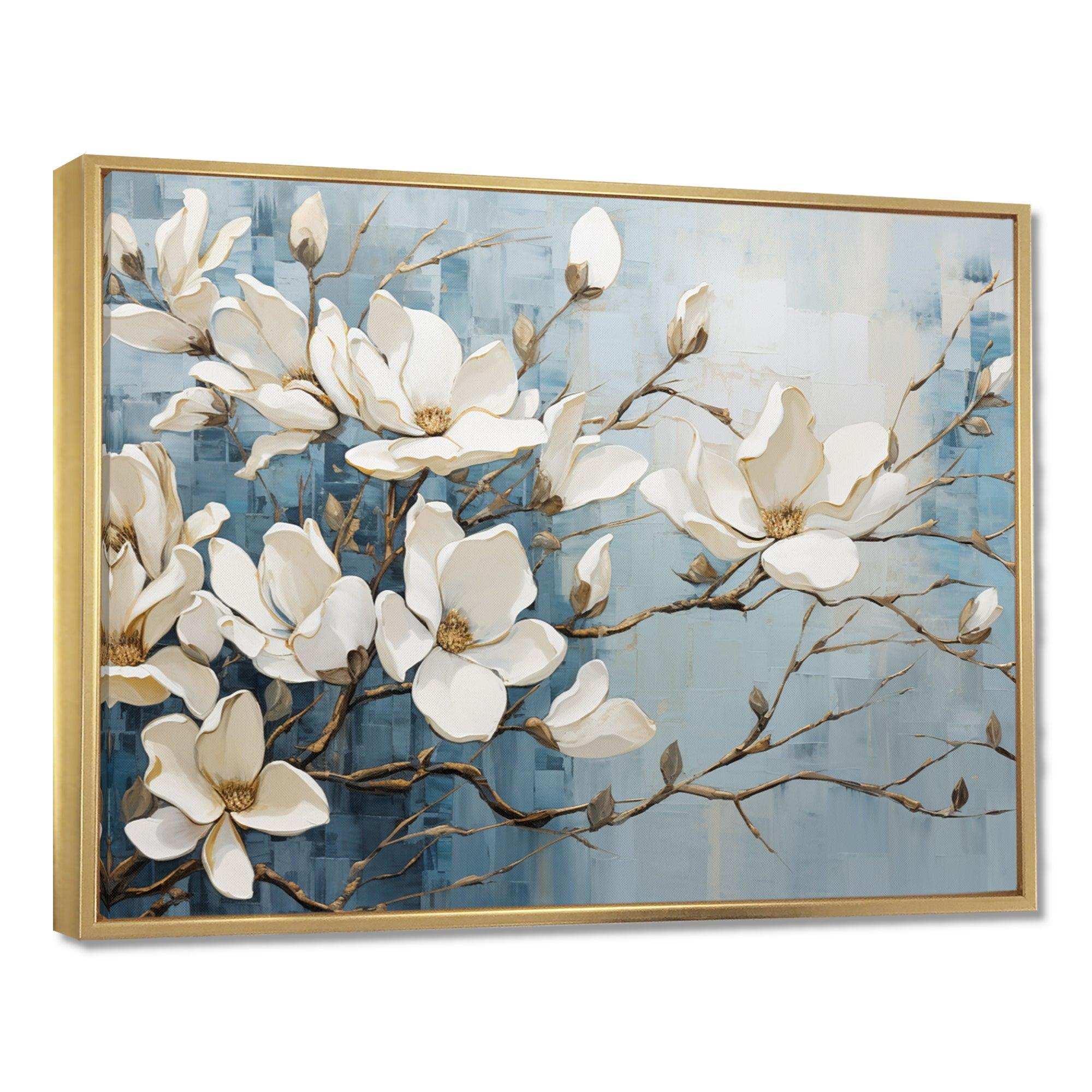 Blue And Gold Painted Magnolias VI - Floral Canvas Wall Art