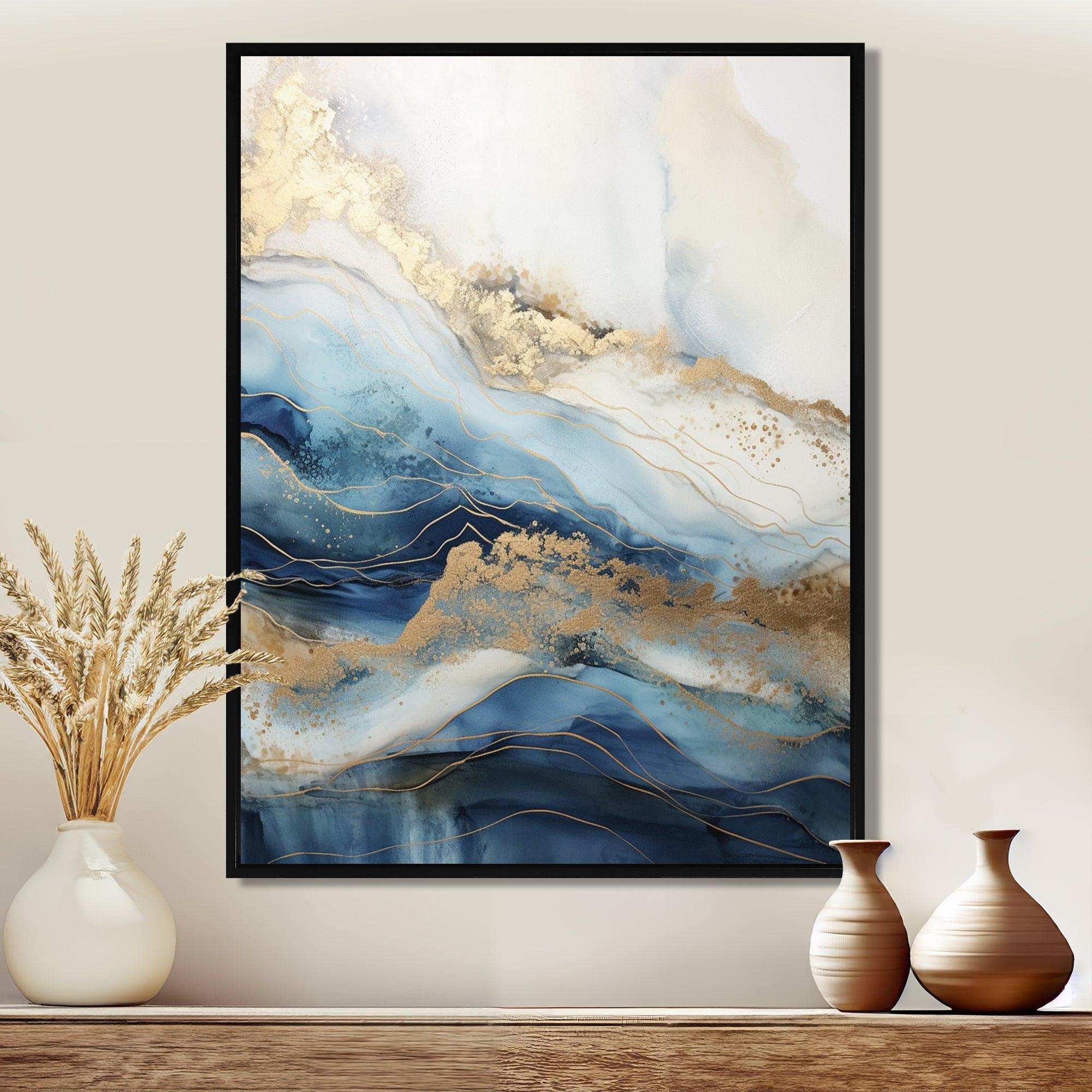 White And Blue Goldern Abstract River - Landscapes Canvas Wall Art