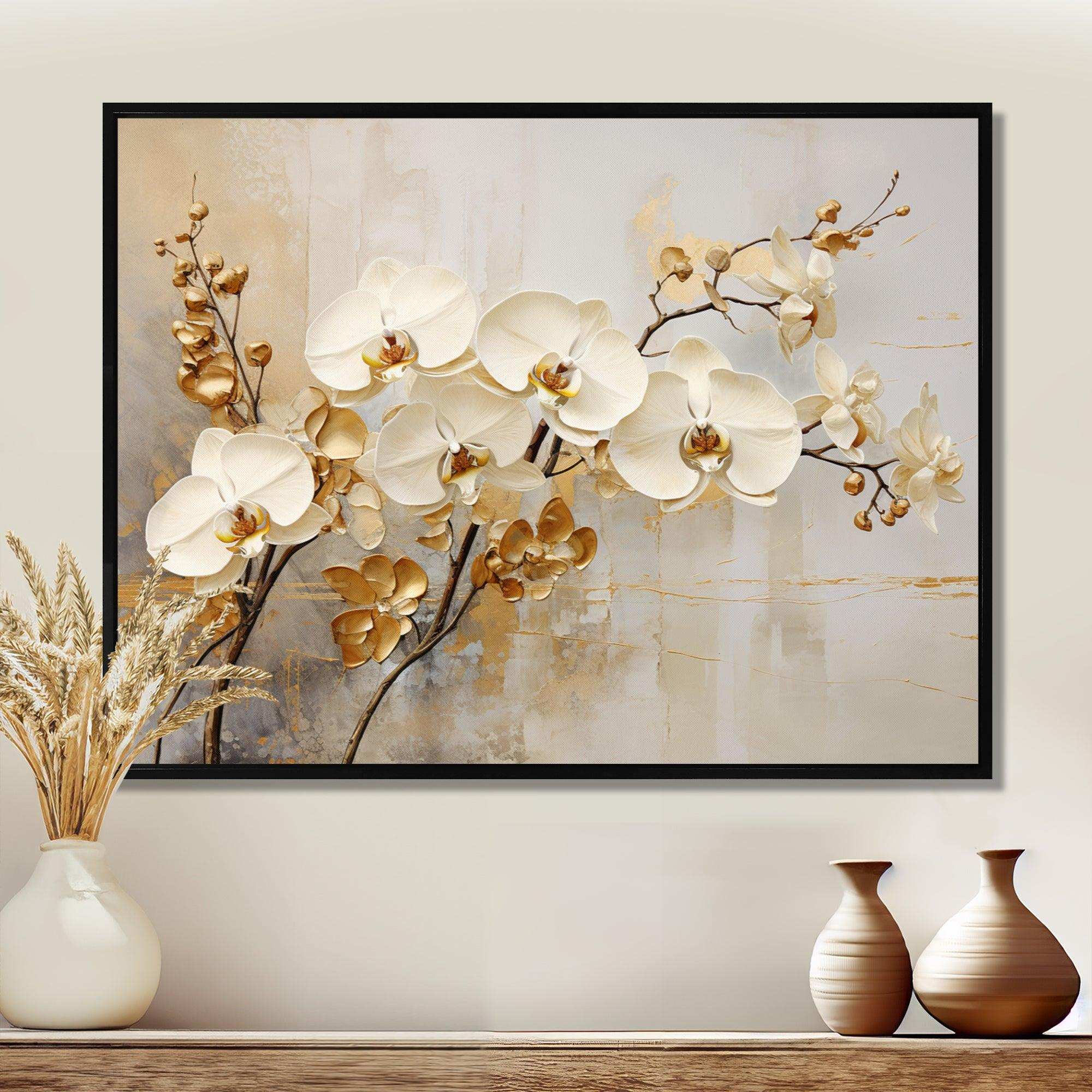 Minimalism Beige And Gold Orchids - Floral Canvas Wall Art
