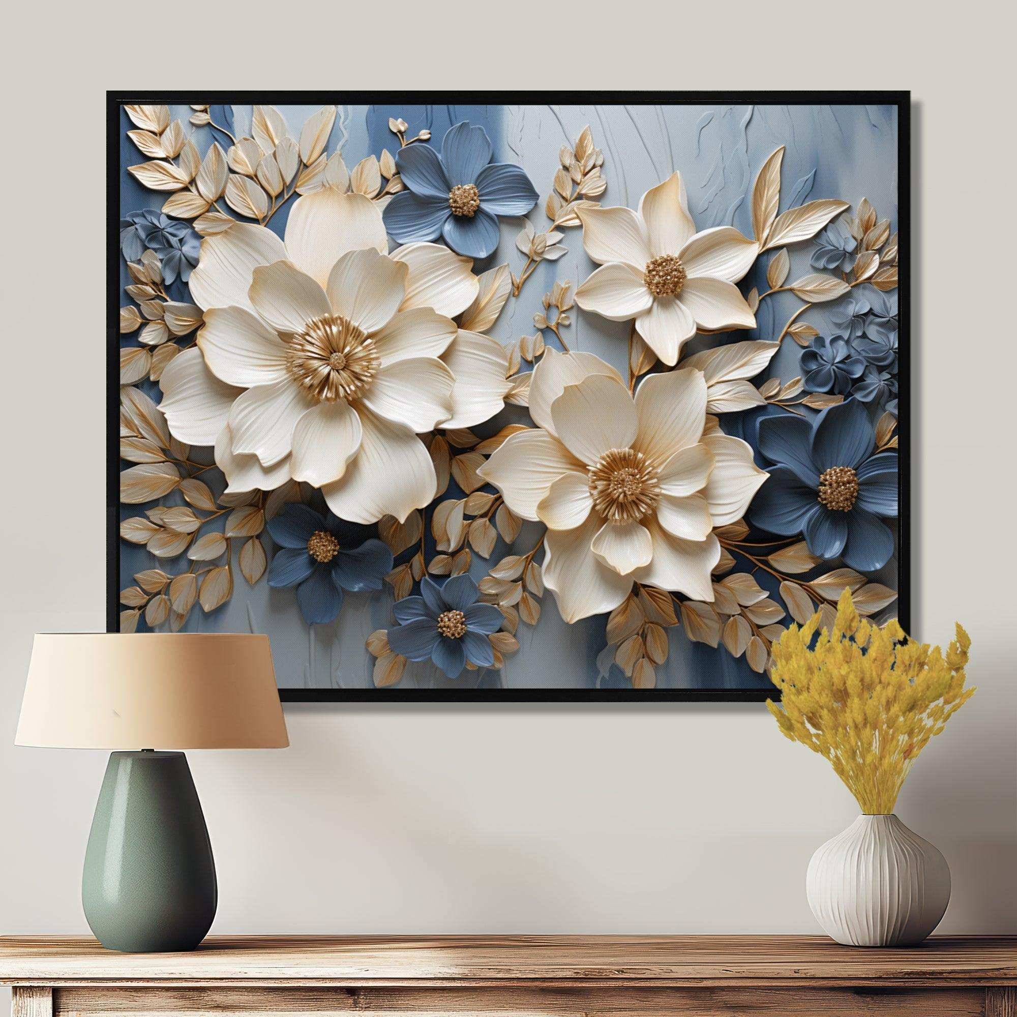 Beige And Blue Seasonal Flowers Composition - Floral Canvas Wall Art
