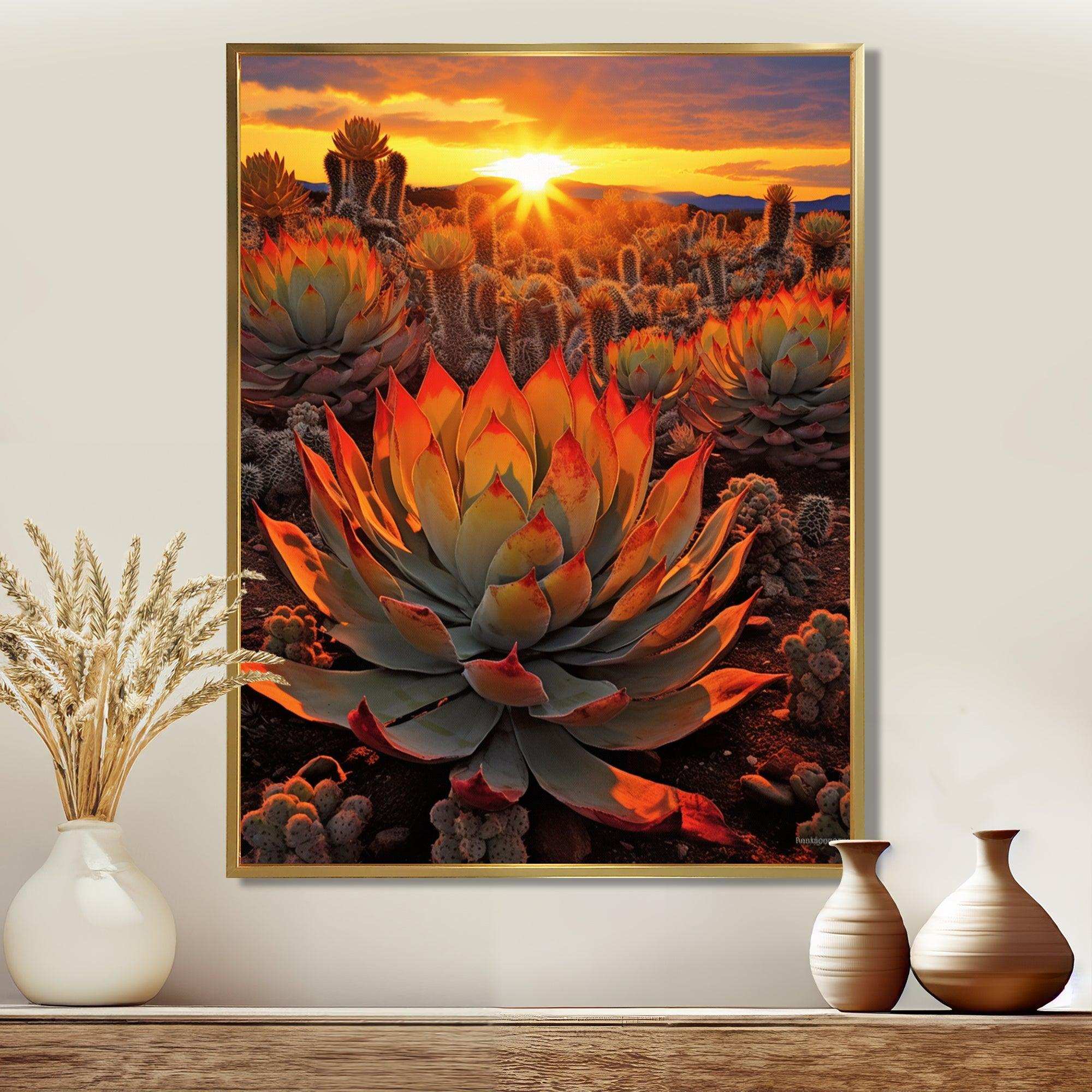 Green And Red Succulent Cactus Field Sunset I - Floral Canvas Wall Art