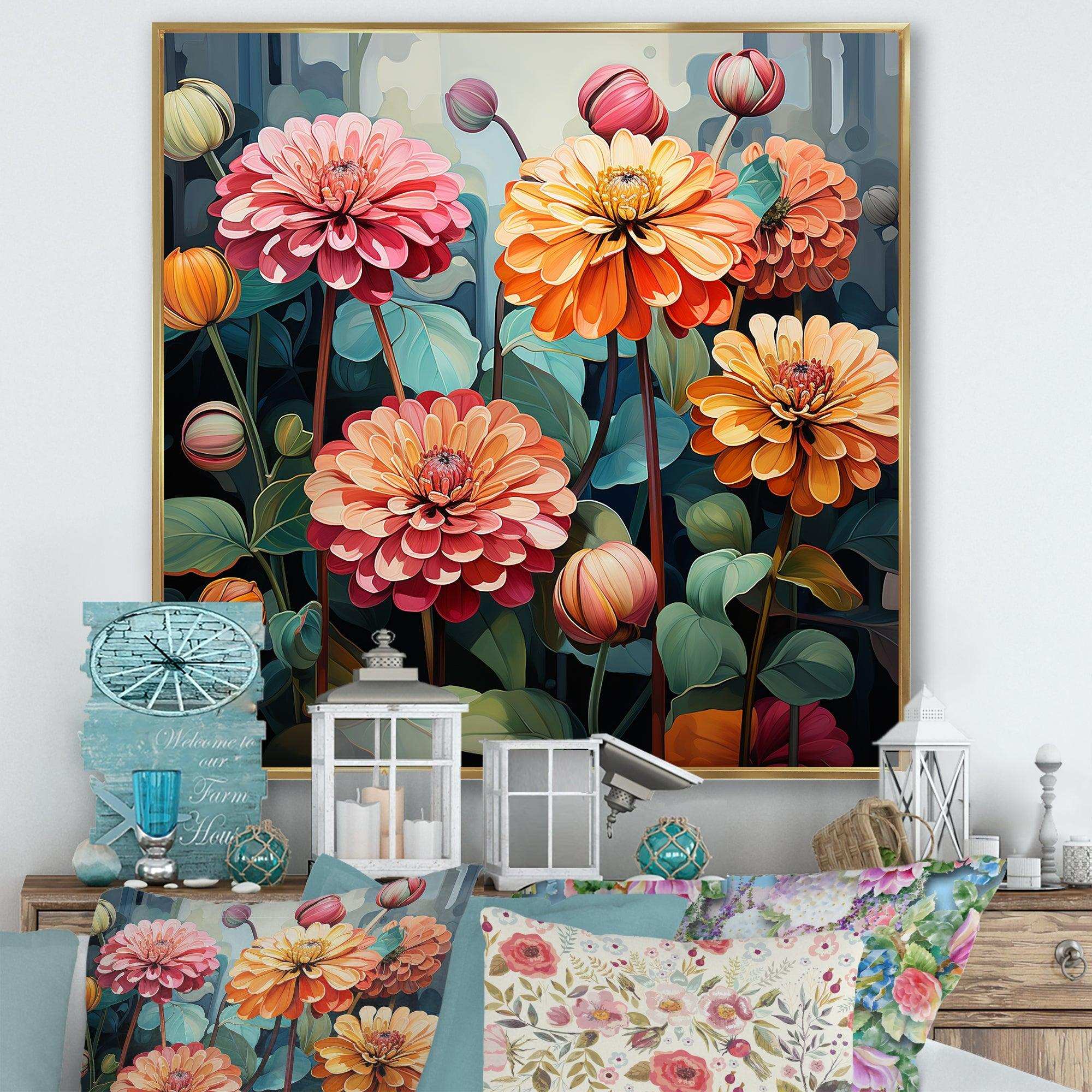 Bold Zinnias flowers - Floral Canvas Wall Art