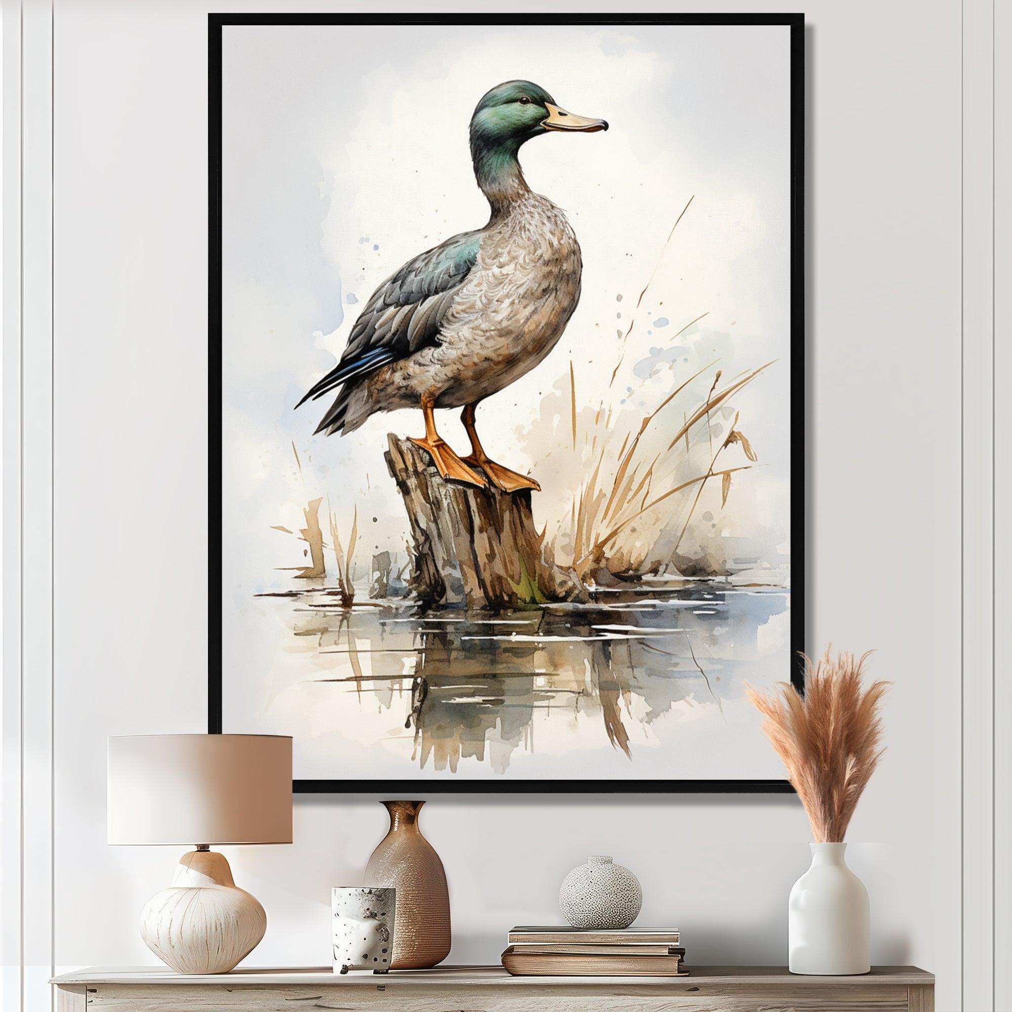 Minimalist Mallard Duck at the pond II - Animals Canvas Wall Art