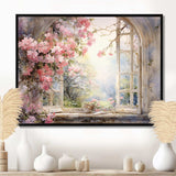 Pink Blossoming country window Gaze  I - Floral Canvas Wall Art