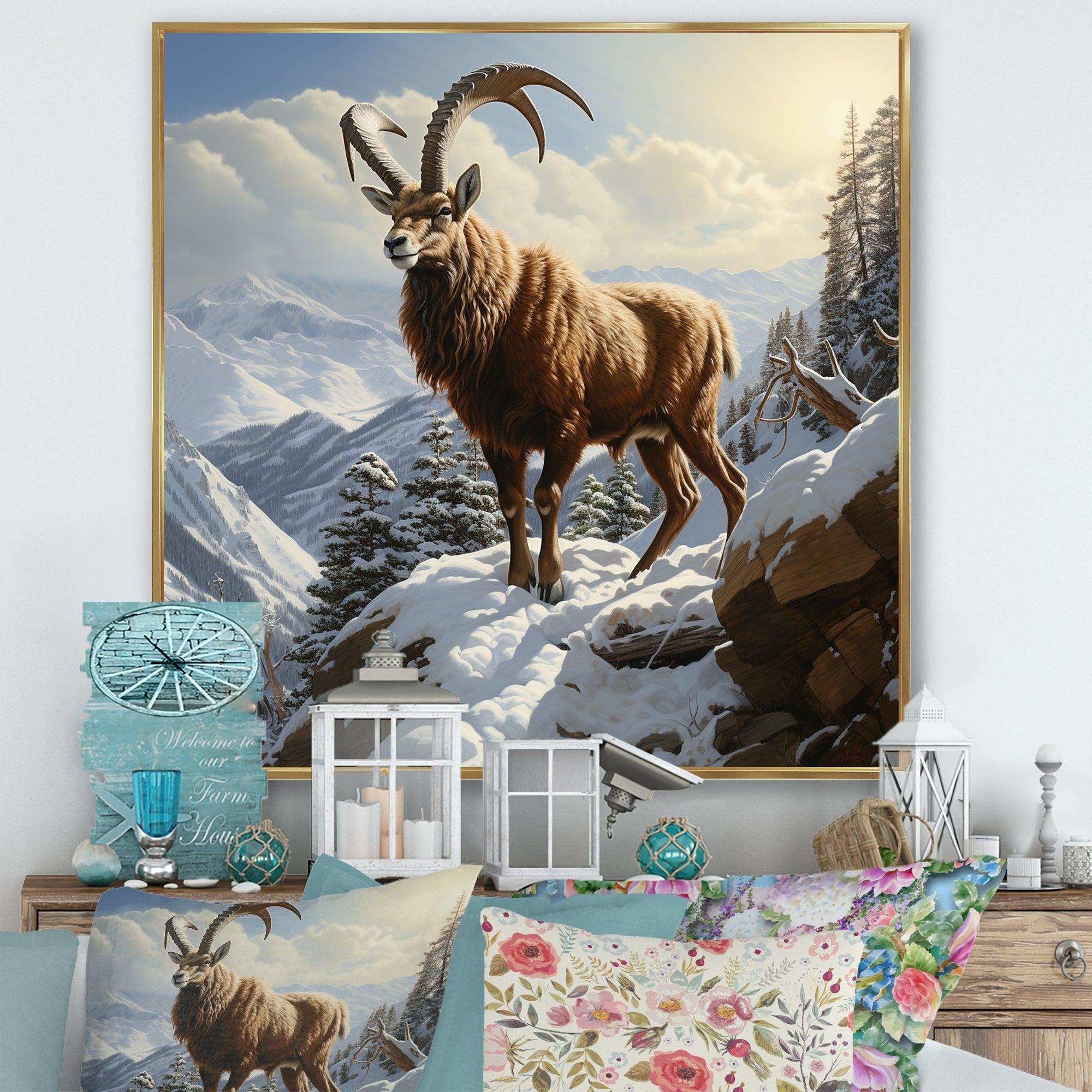 Minimalist goat winter mountain adventure - Animals Canvas Wall Art