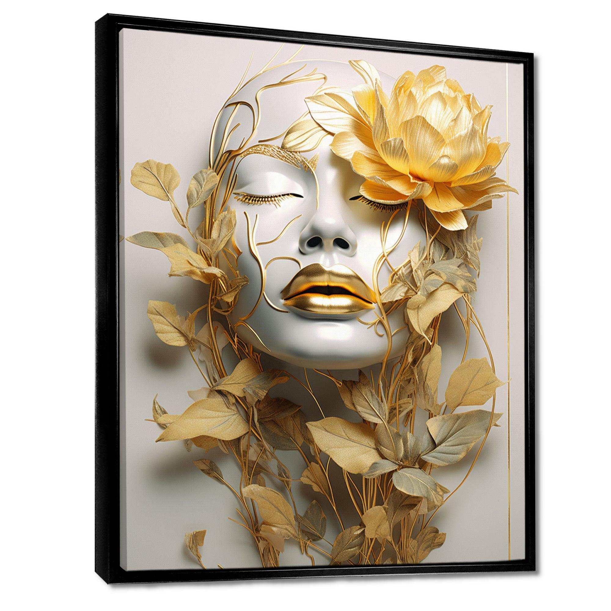 White and gold woman portrait with leaves II - Fashion Canvas Wall Art