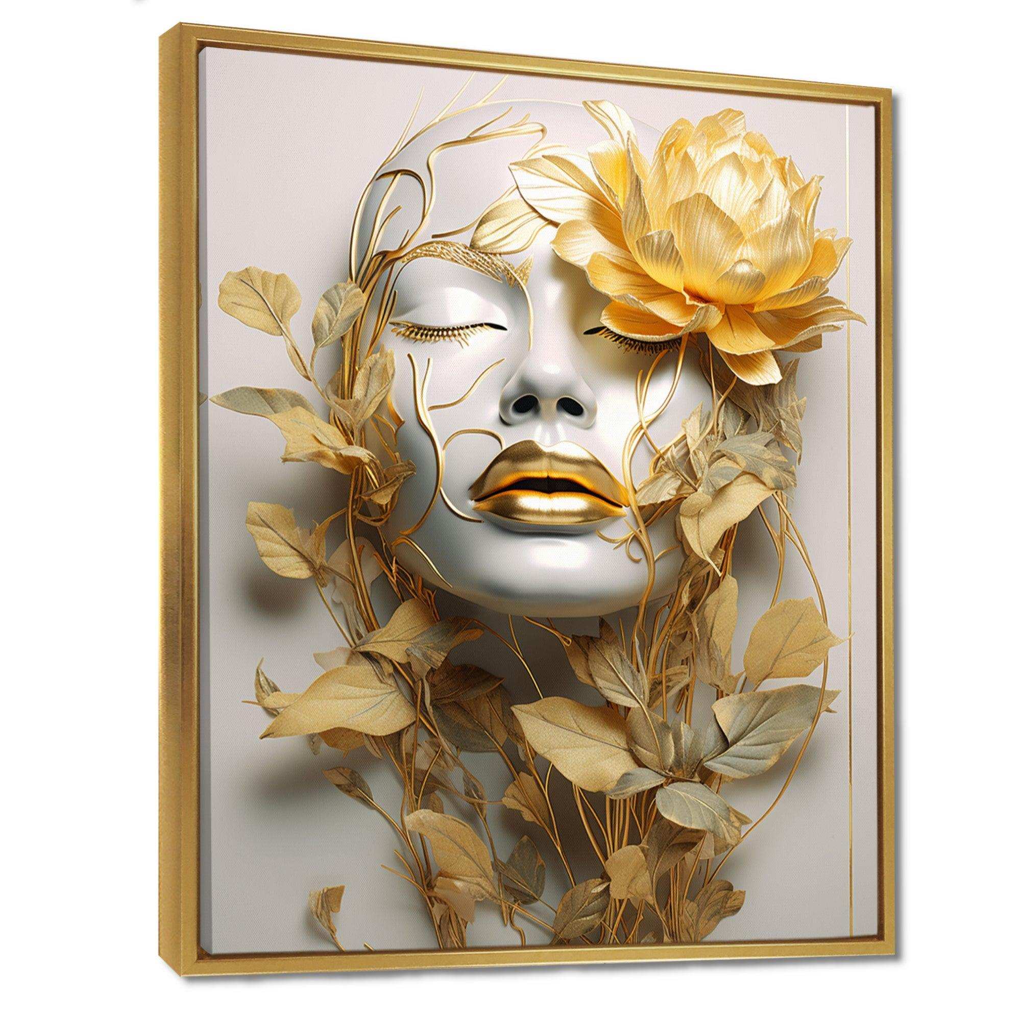 White and gold woman portrait with leaves II - Fashion Canvas Wall Art