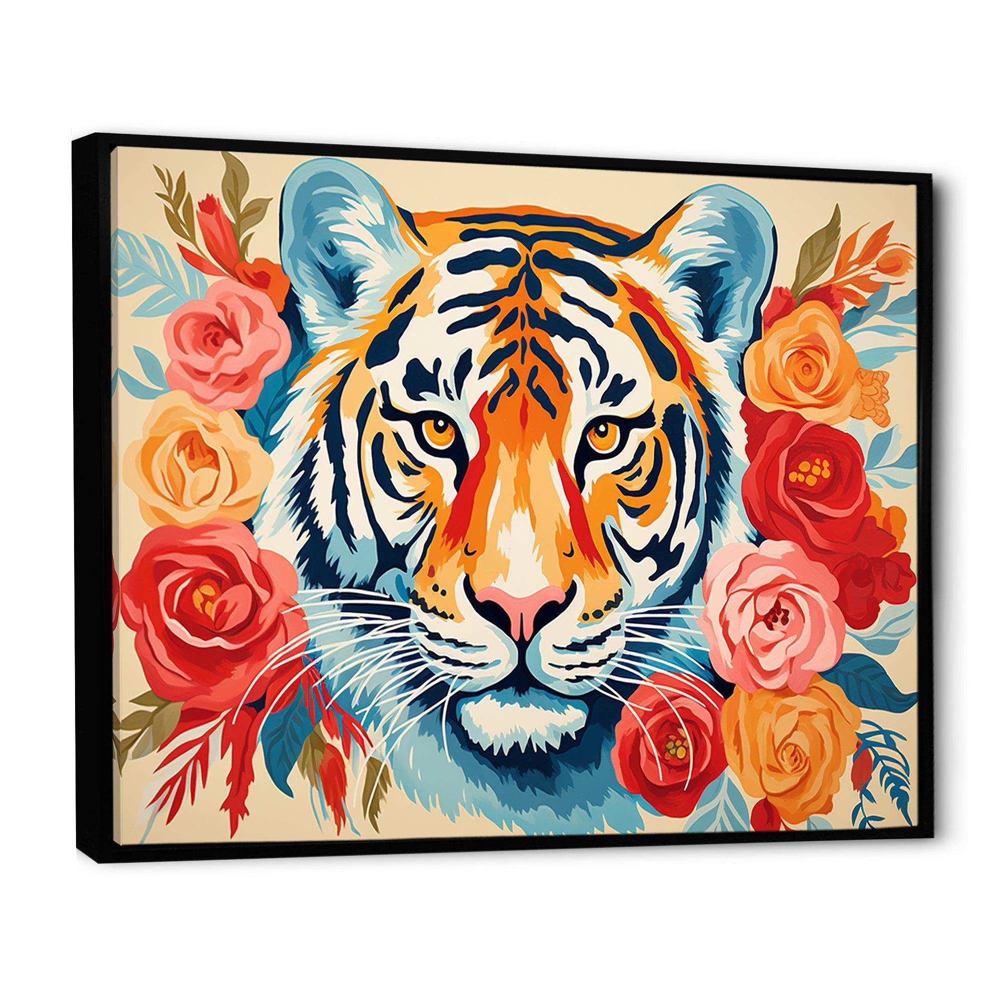 Pink and orange flower Tiger portrait - Animals Canvas Wall Art