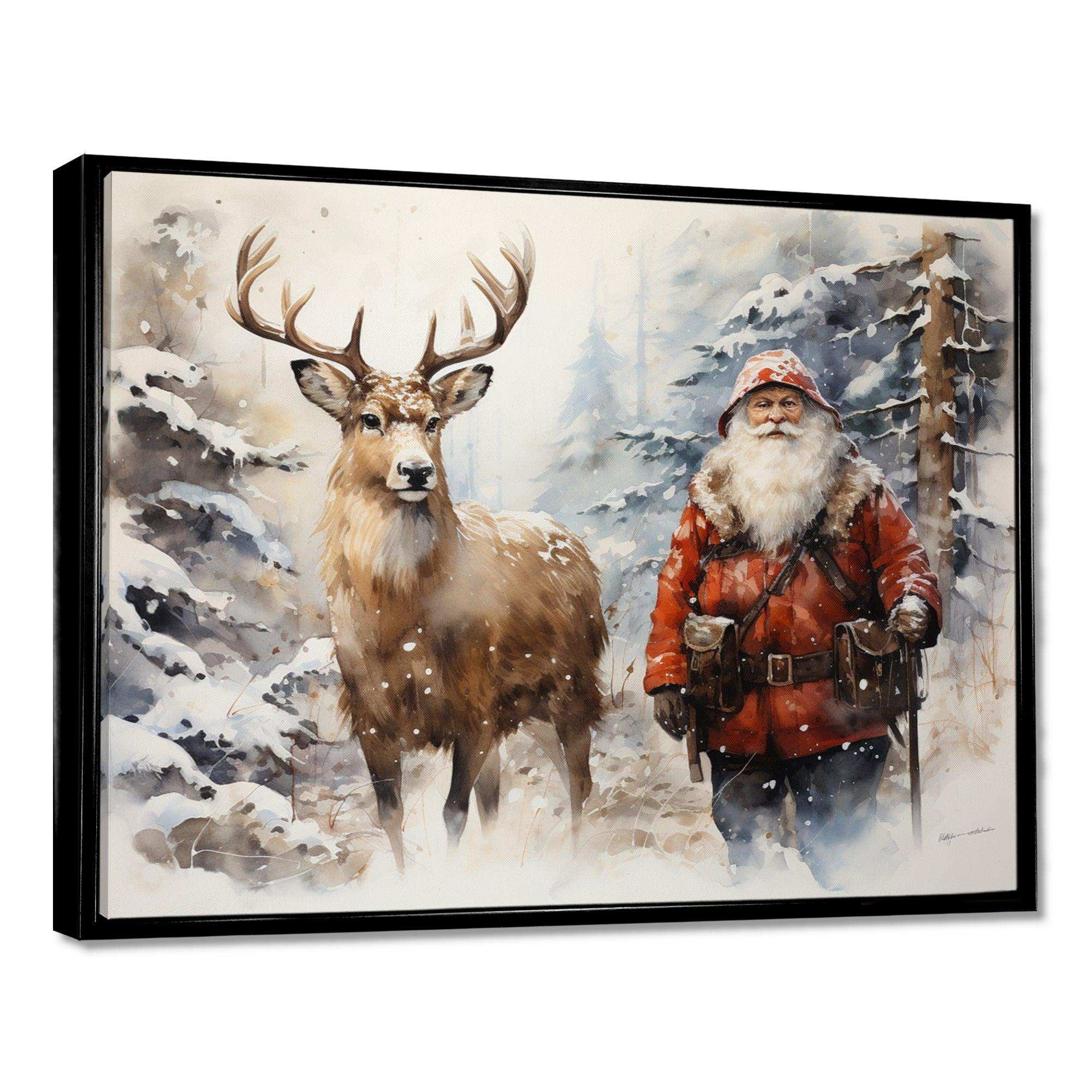 Santa and his deer in winter wonderland - Animals Canvas Wall Art