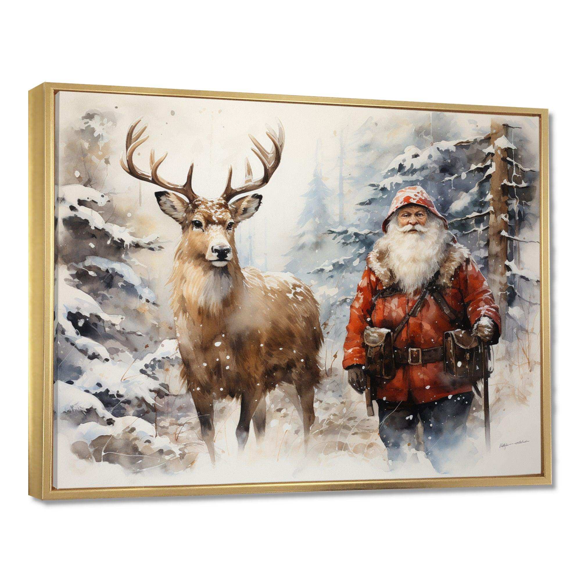 Santa and his deer in winter wonderland - Animals Canvas Wall Art
