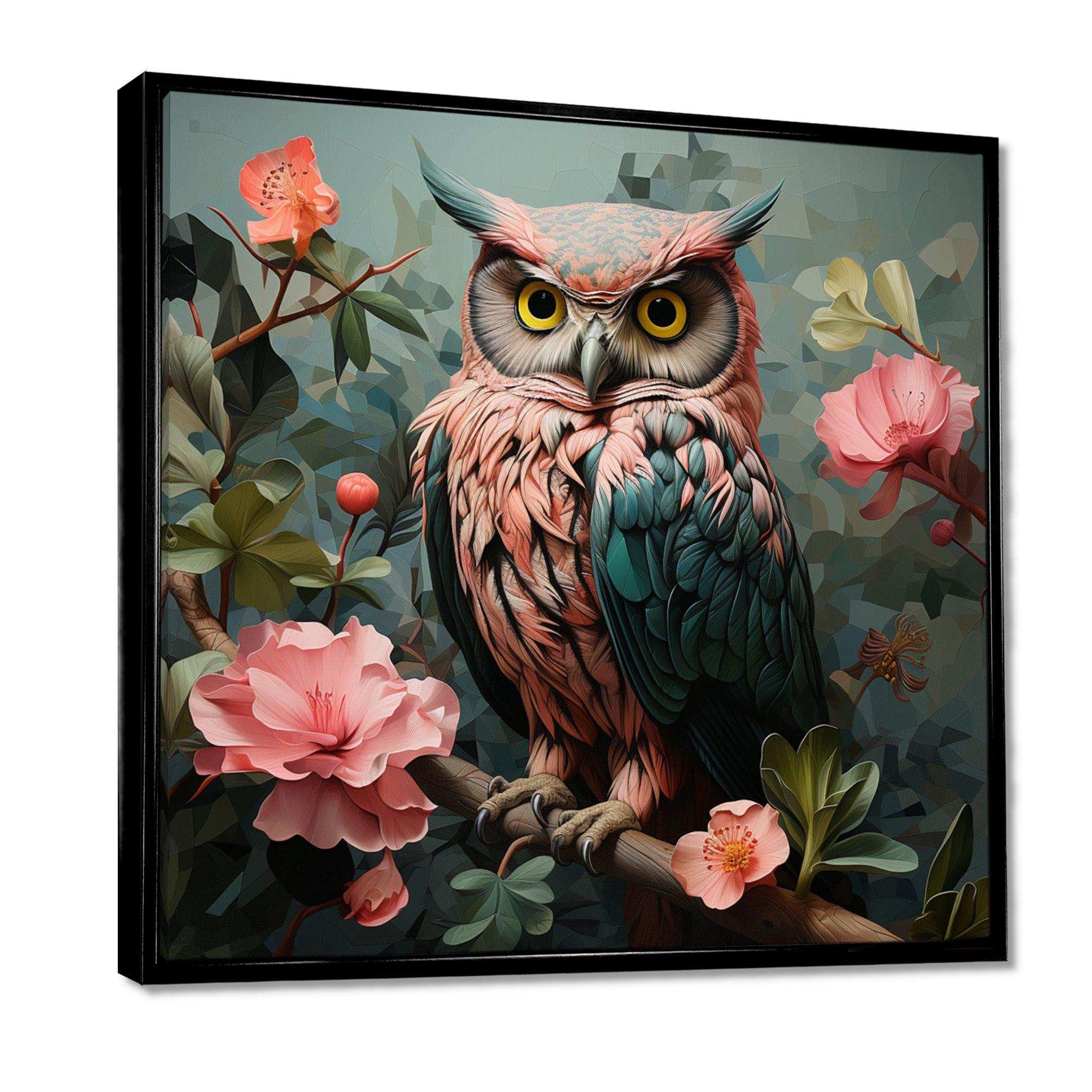 Blue and pink Owls gaze floral forest II - Animals Canvas Wall Art