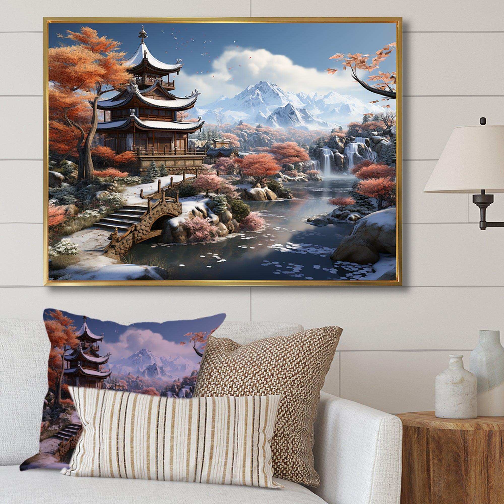 Asian snow landscape temple serenity II - Landscapes Canvas Wall Art