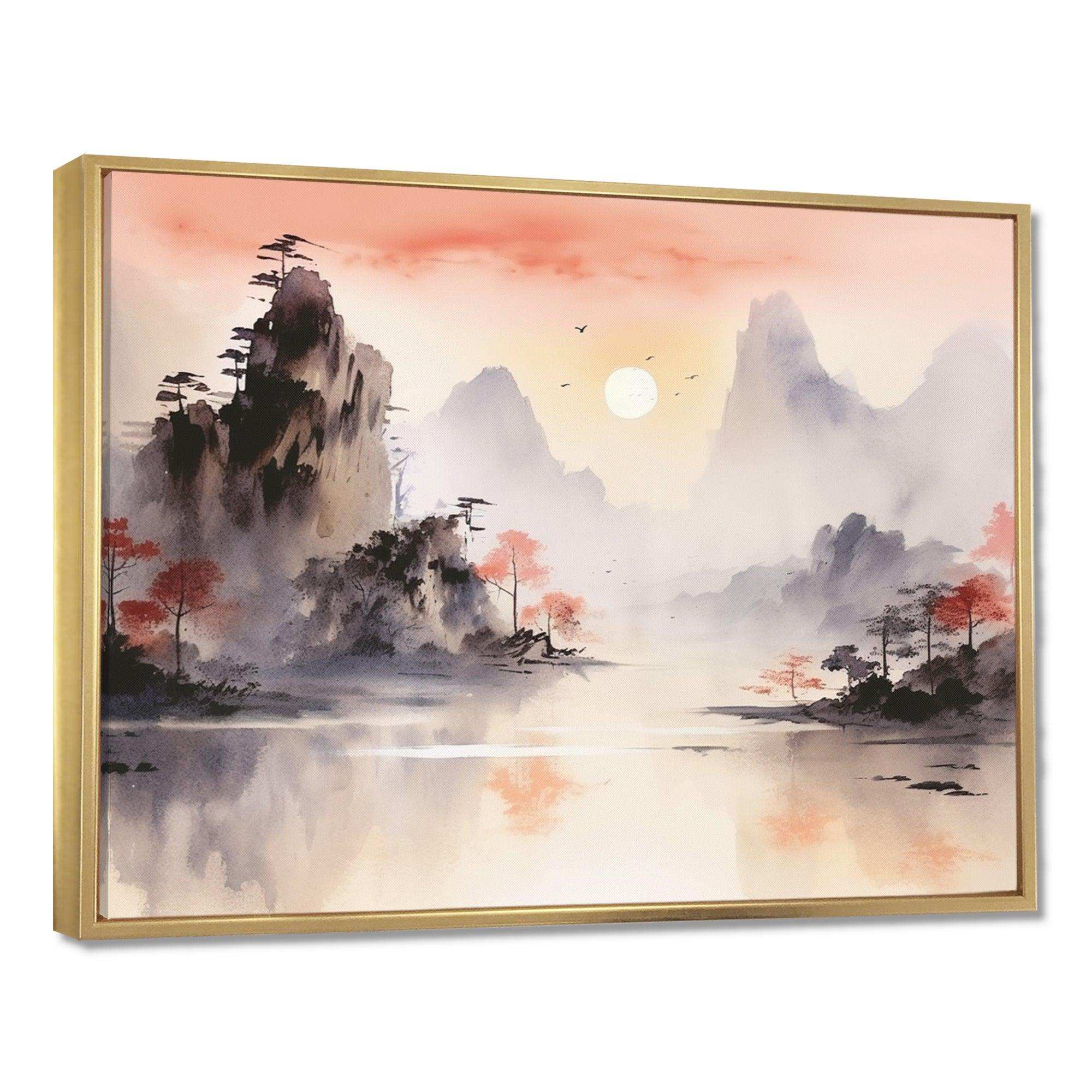 Orange Tranquil Chinese landscape serenity I - Landscapes Canvas Wall Art