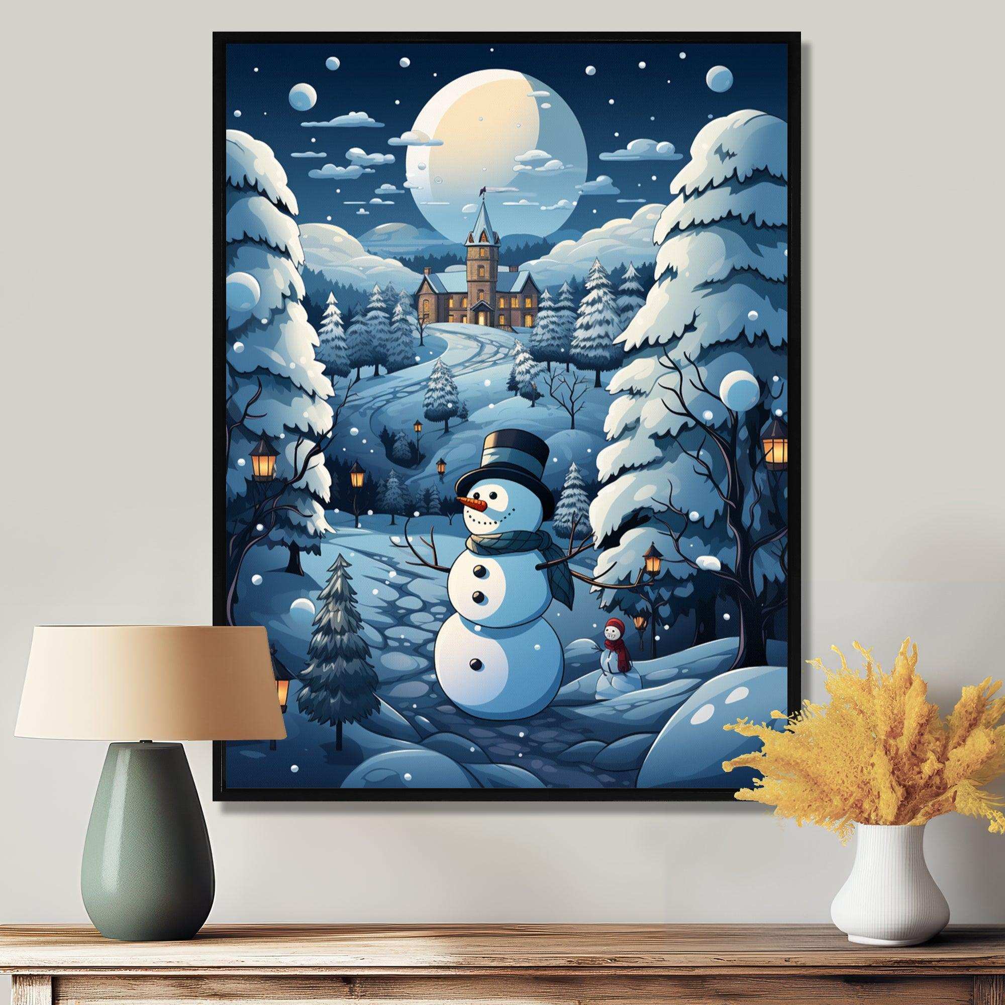 Blue and white Frosty snowman landscape II - Landscapes Canvas Wall Art