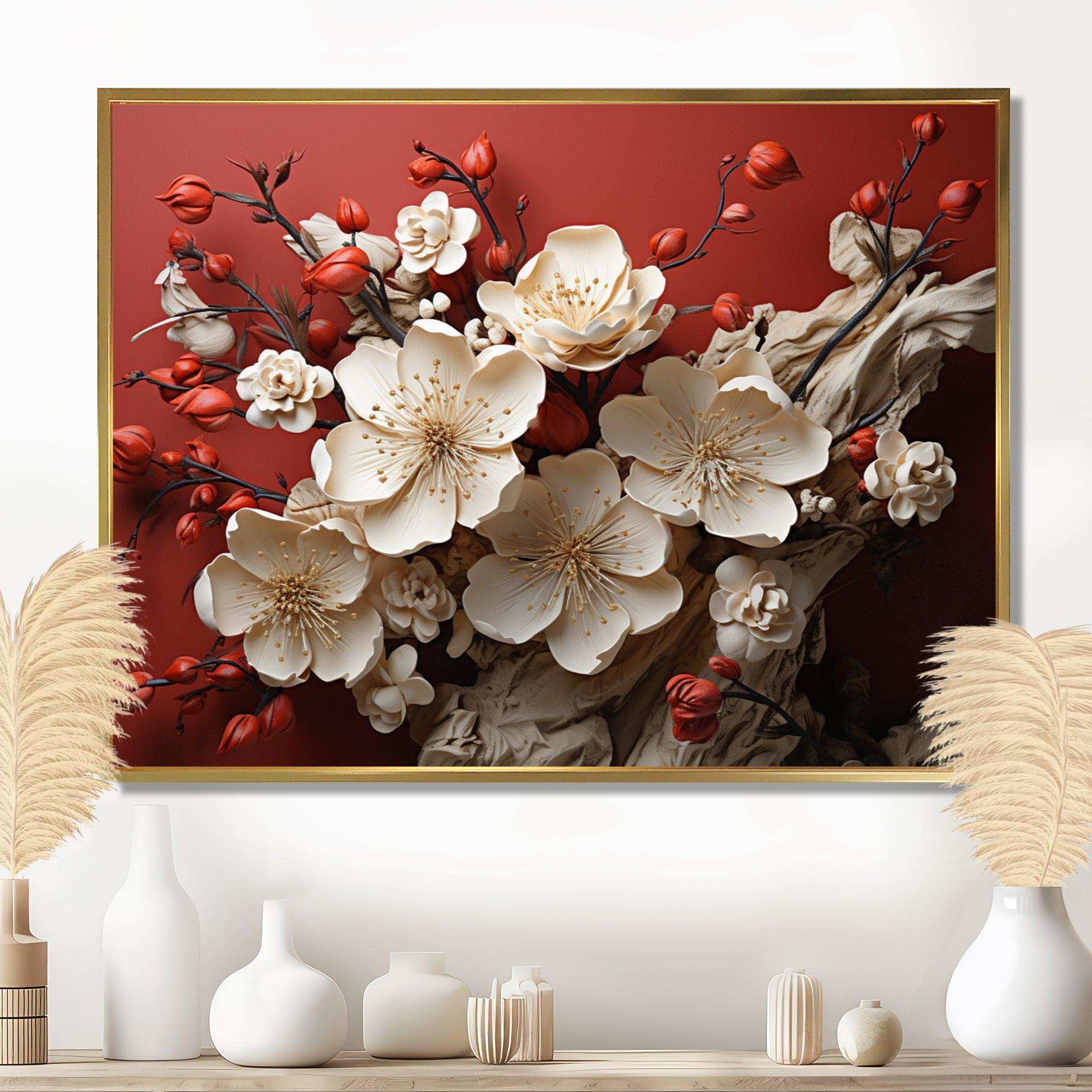 White and red orchid flower branches V - Floral Canvas Wall Art