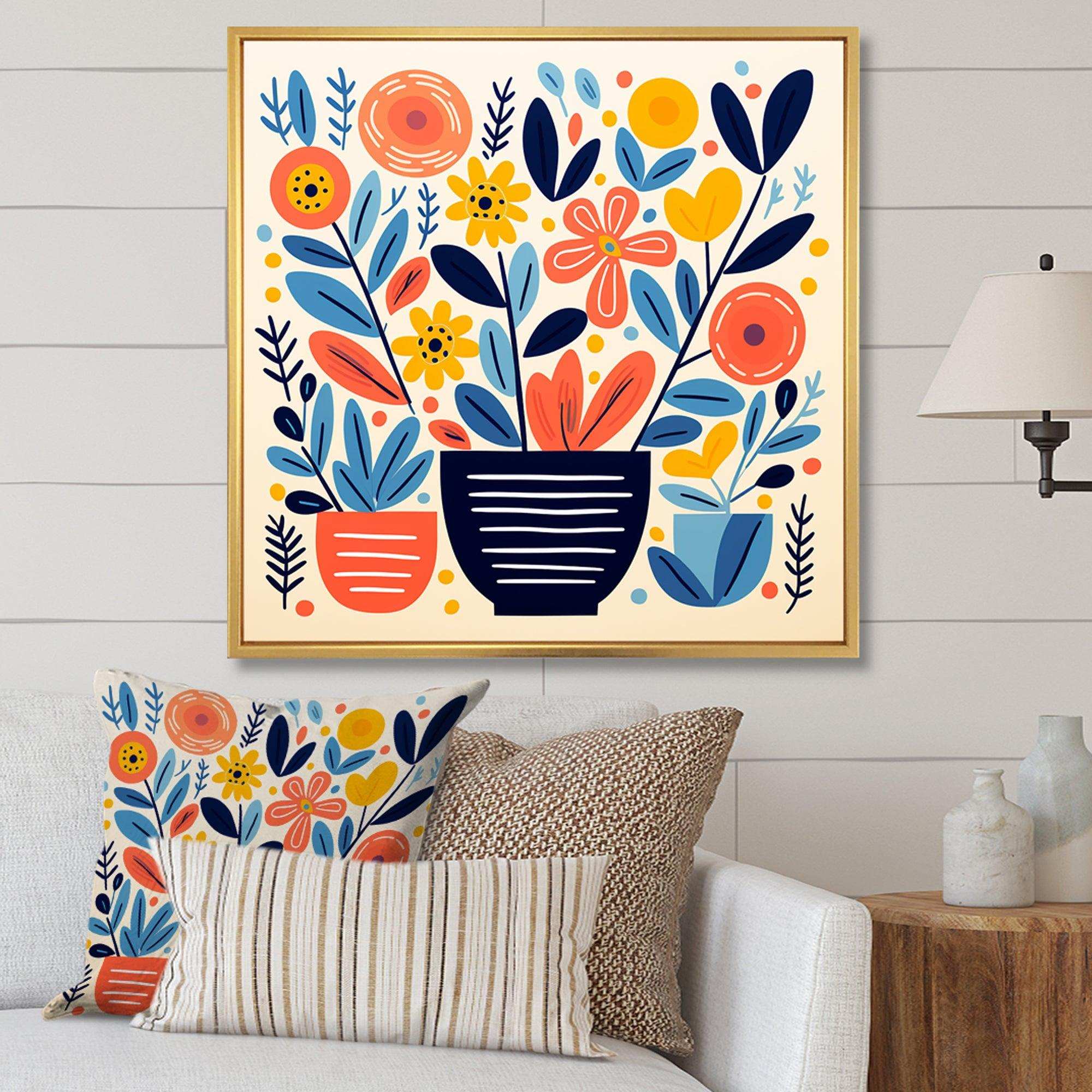 yellow and blue Bohemian Vase pottery blooms I - Geometric Canvas Wall Art