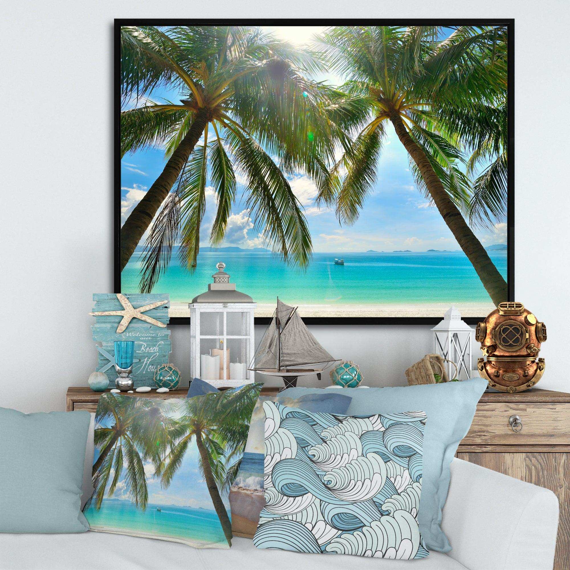 Palm Hanging over Sandy White Beach