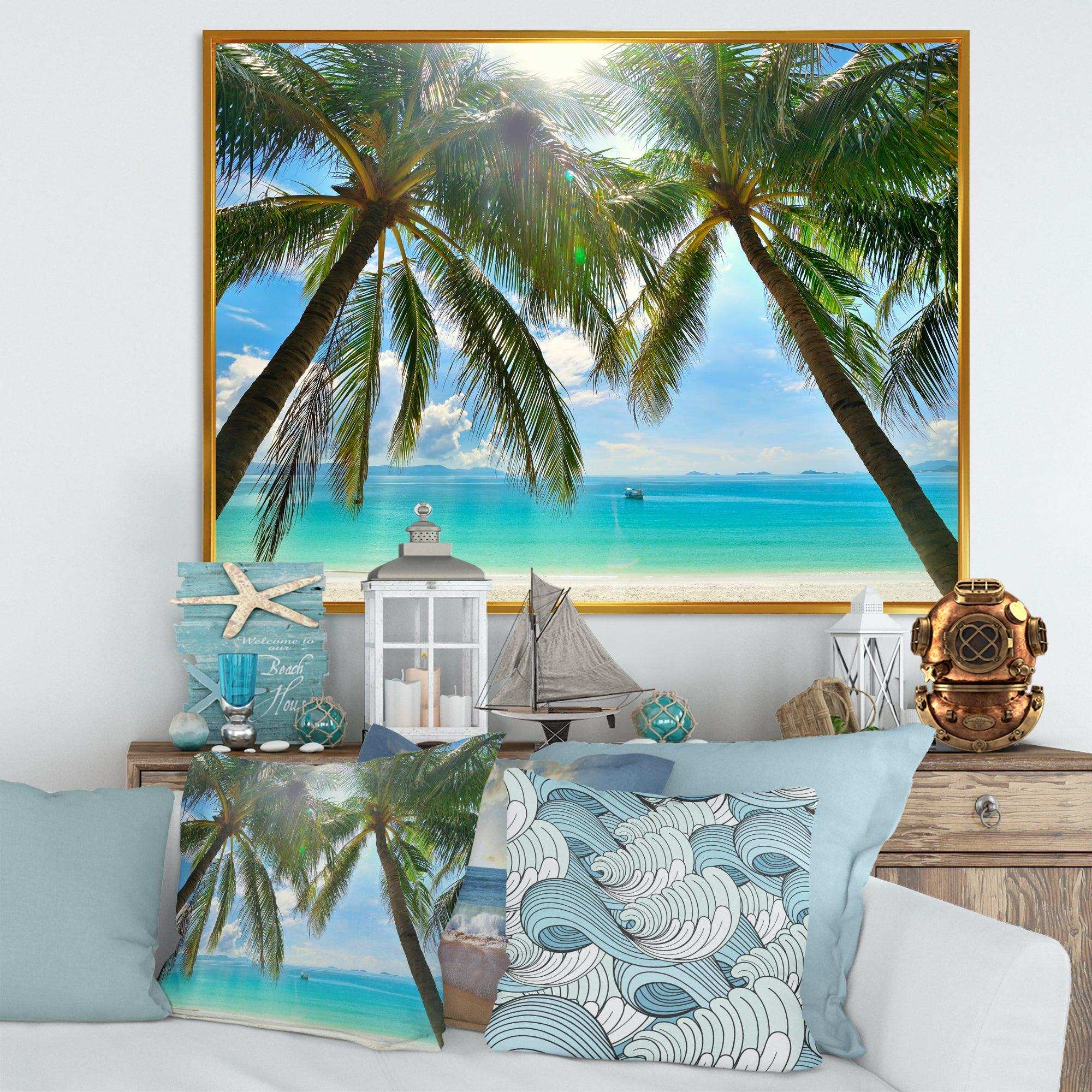 Palm Hanging over Sandy White Beach