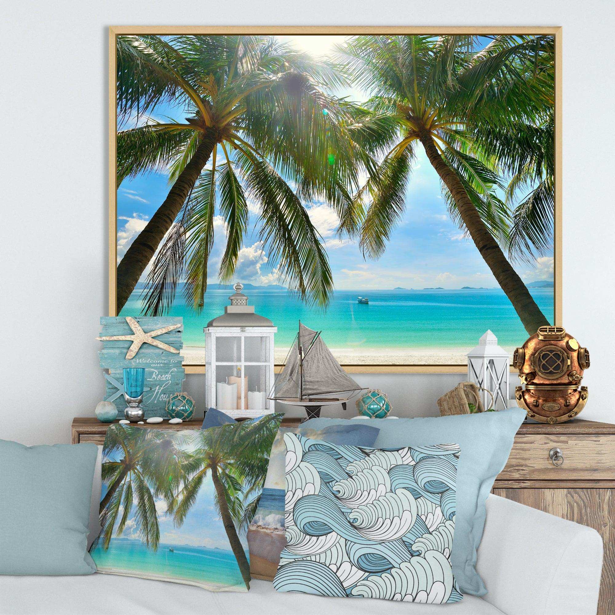 Palm Hanging over Sandy White Beach