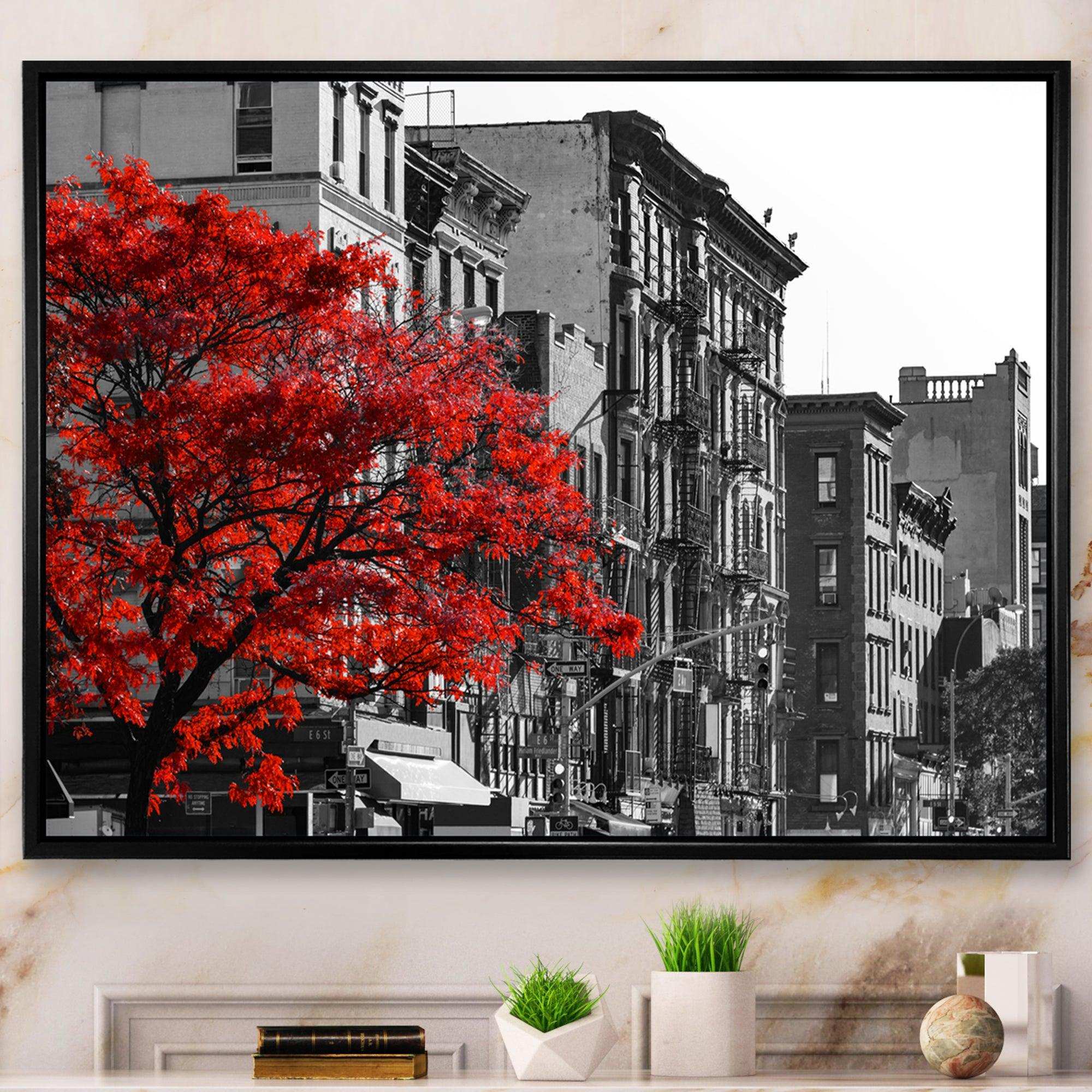Red Tree on Black and White New York City Street