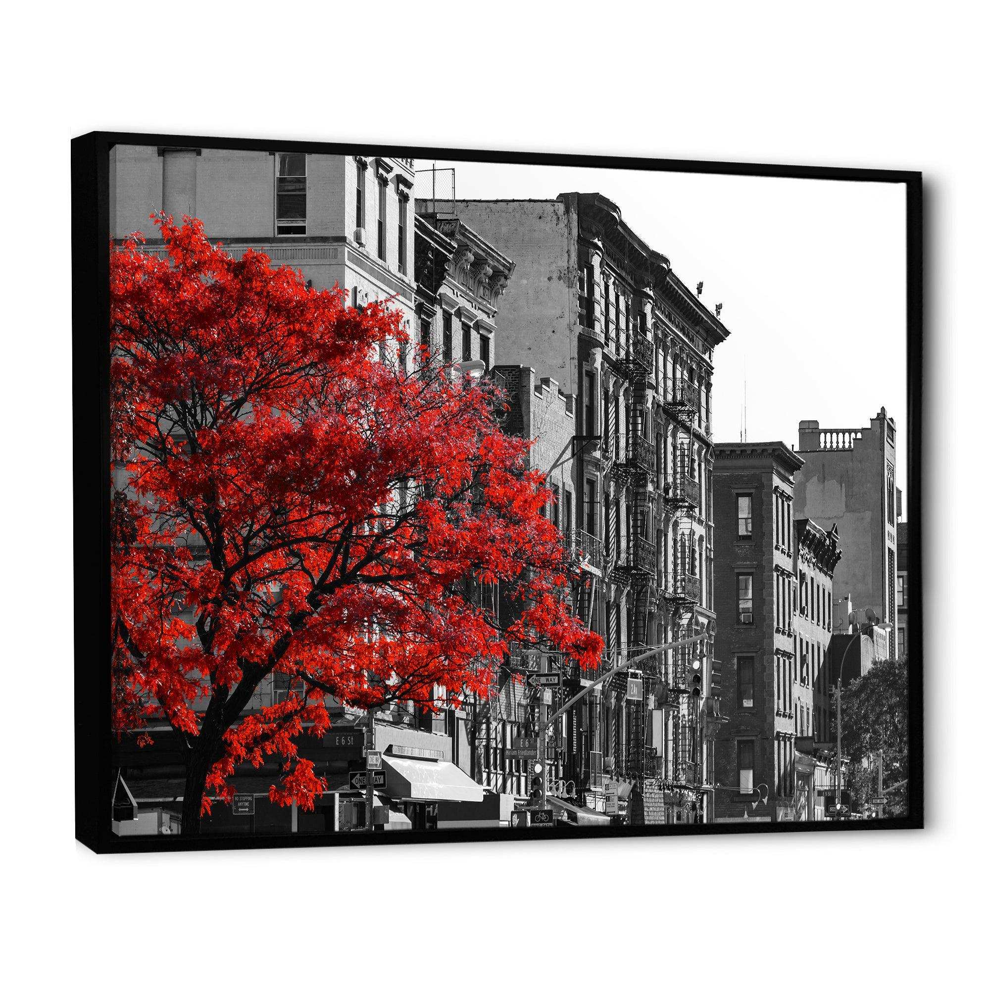 Red Tree on Black and White New York City Street