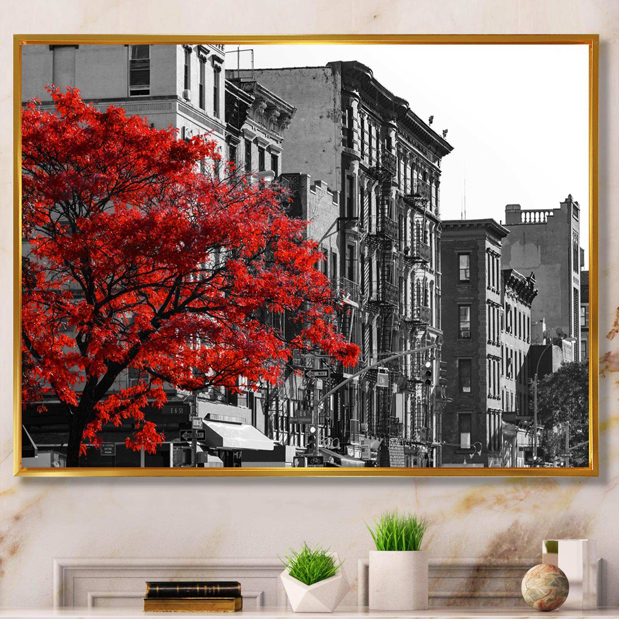 Red Tree on Black and White New York City Street