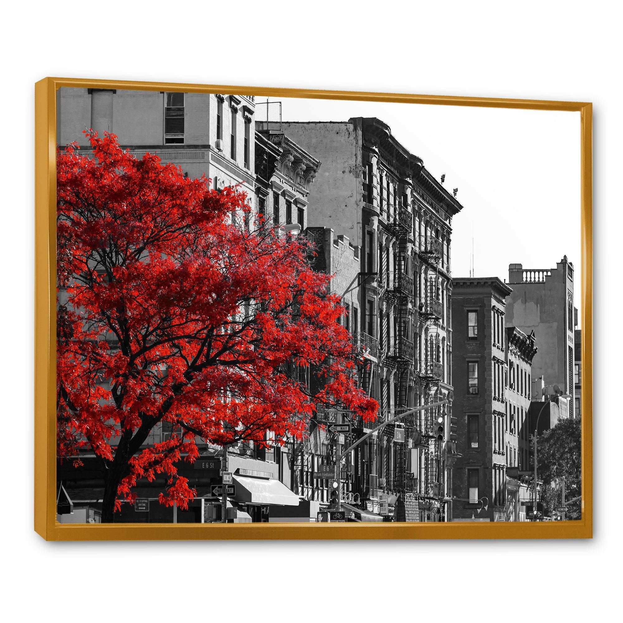 Red Tree on Black and White New York City Street