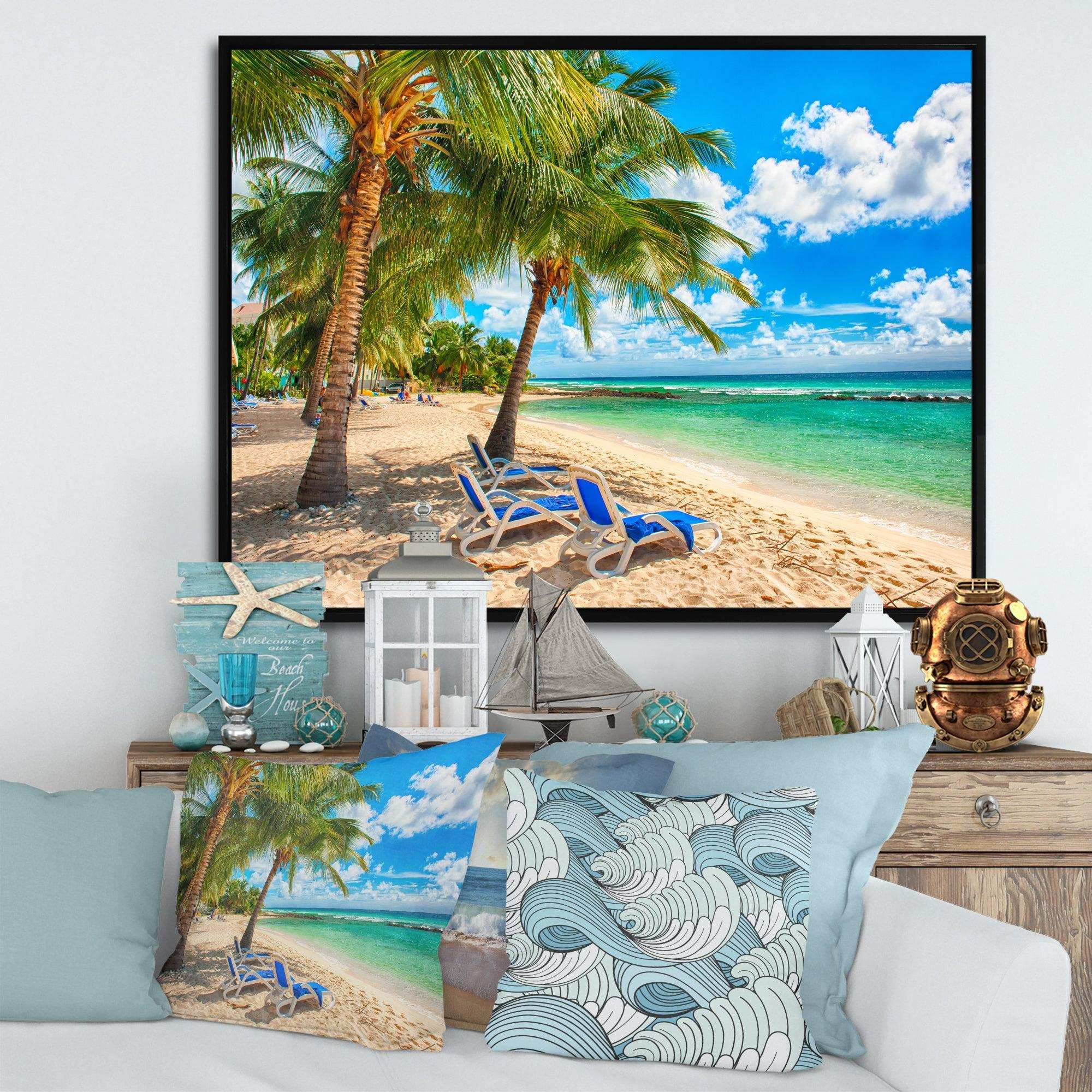 Blue chairs at the tropical white sand beach