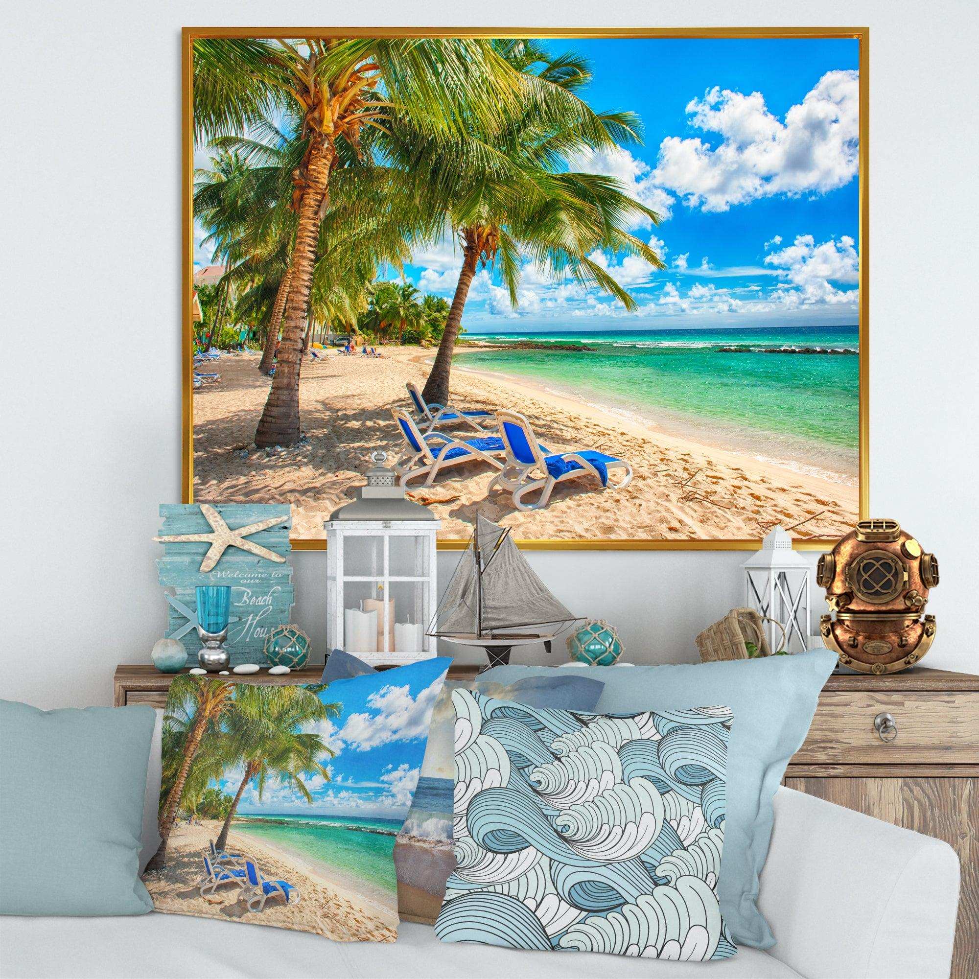 Blue chairs at the tropical white sand beach