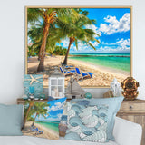 Blue chairs at the tropical white sand beach