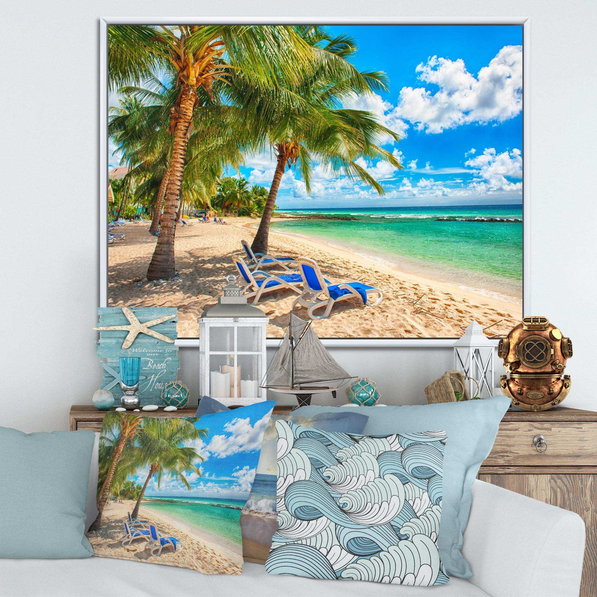 Blue chairs at the tropical white sand beach