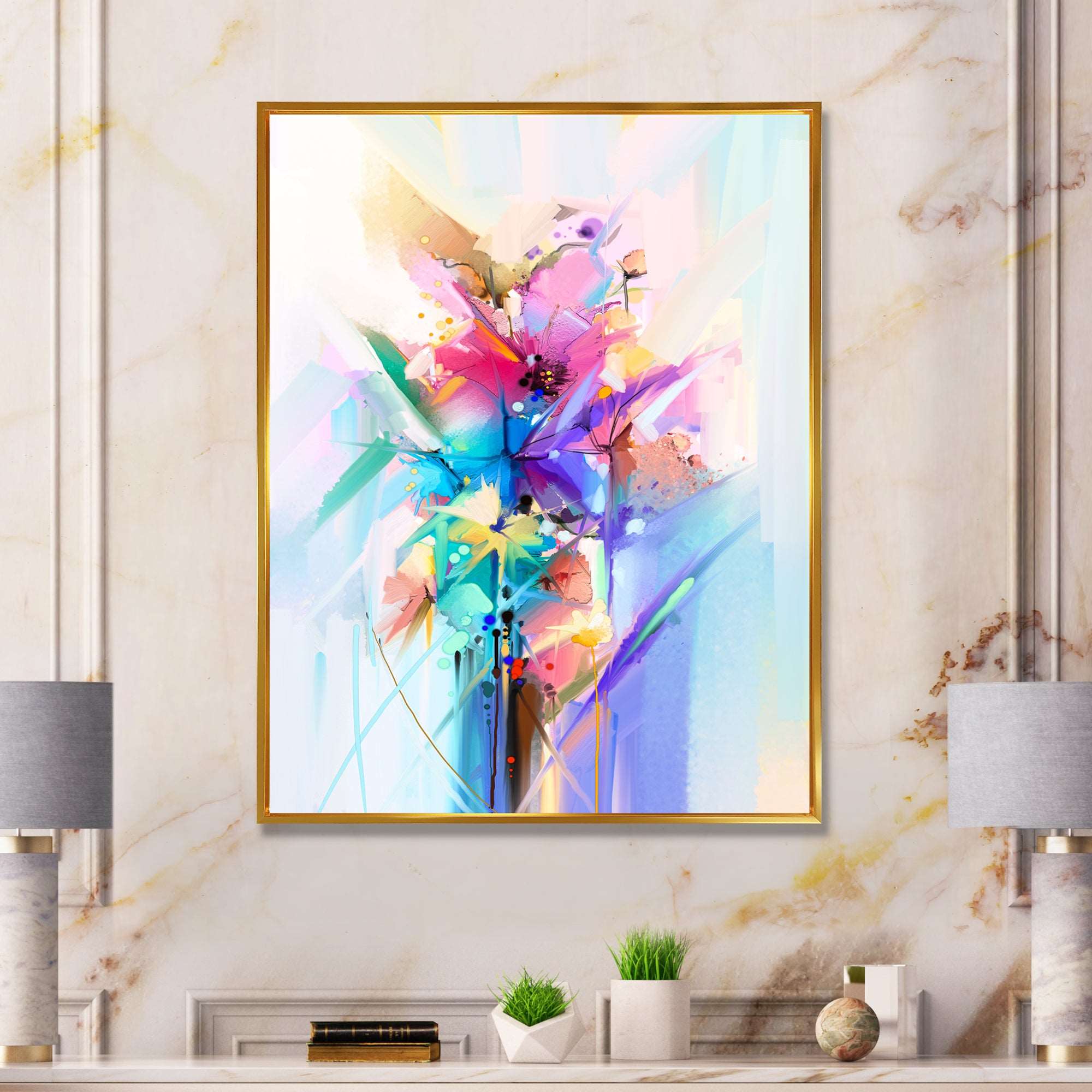 Abstract Colorful Spring Flowers Framed Canvas Vibrant Gold - 1.5 Thick