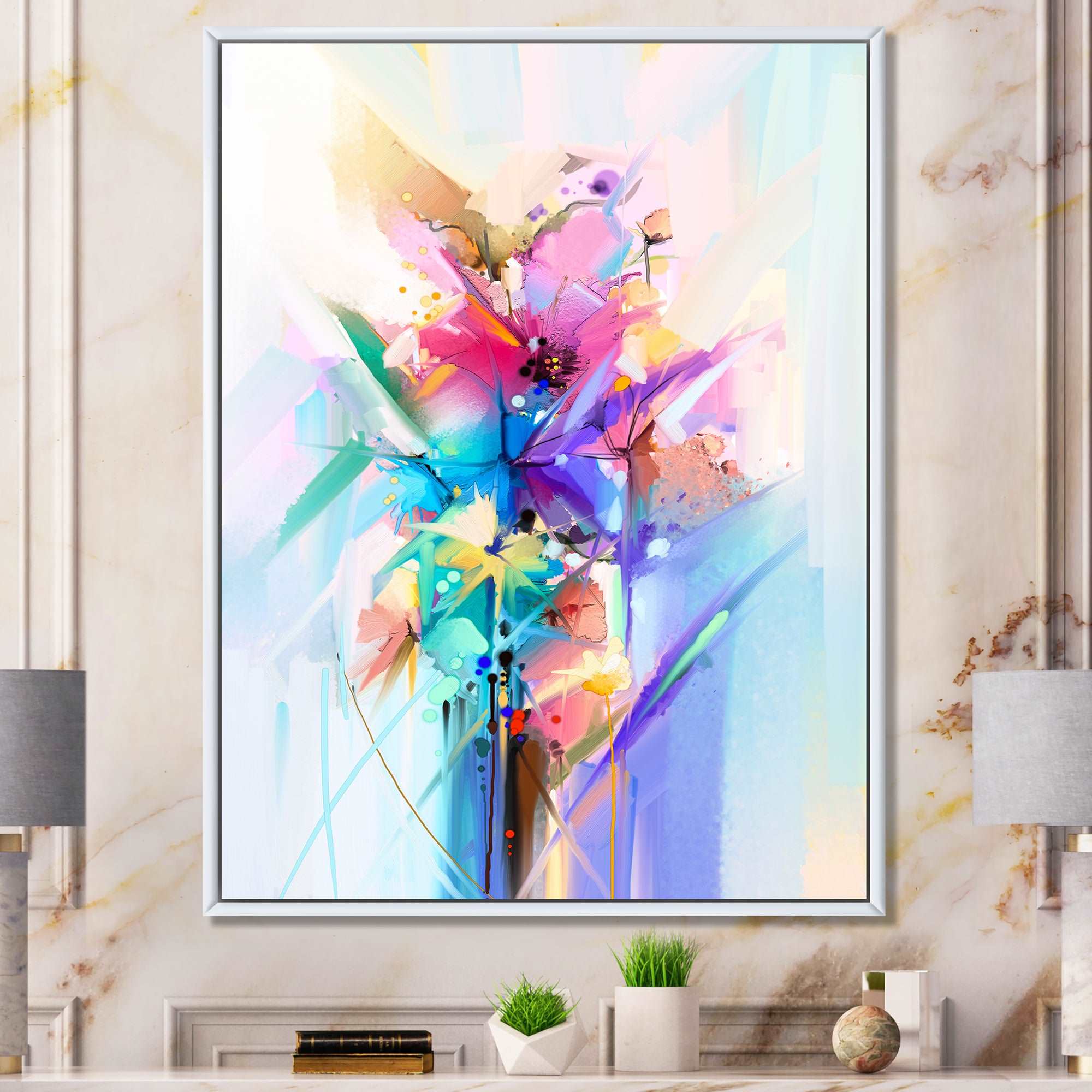 Abstract Colorful Spring Flowers Framed Canvas Matte White - 1.5 Thick