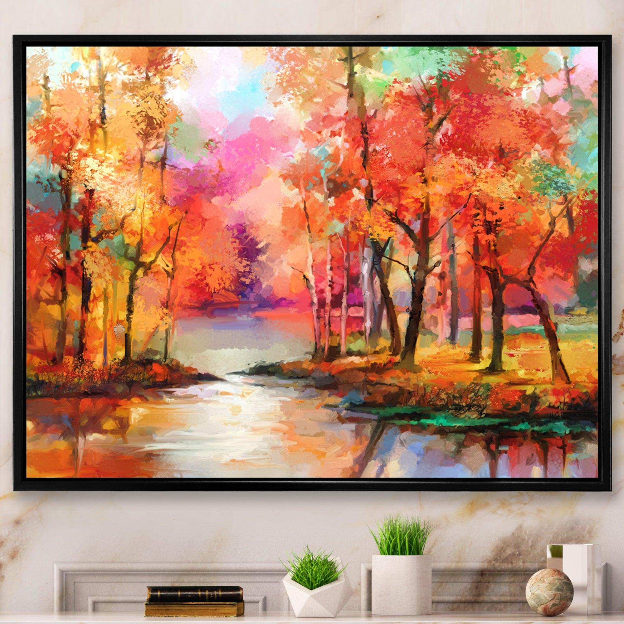 Autumn Aspen Trees In Red Leaf Forest By Lake