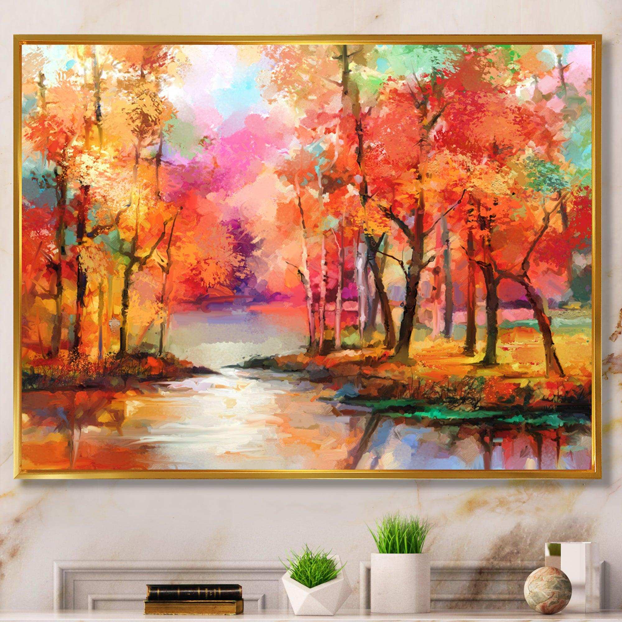 Autumn Aspen Trees In Red Leaf Forest By Lake