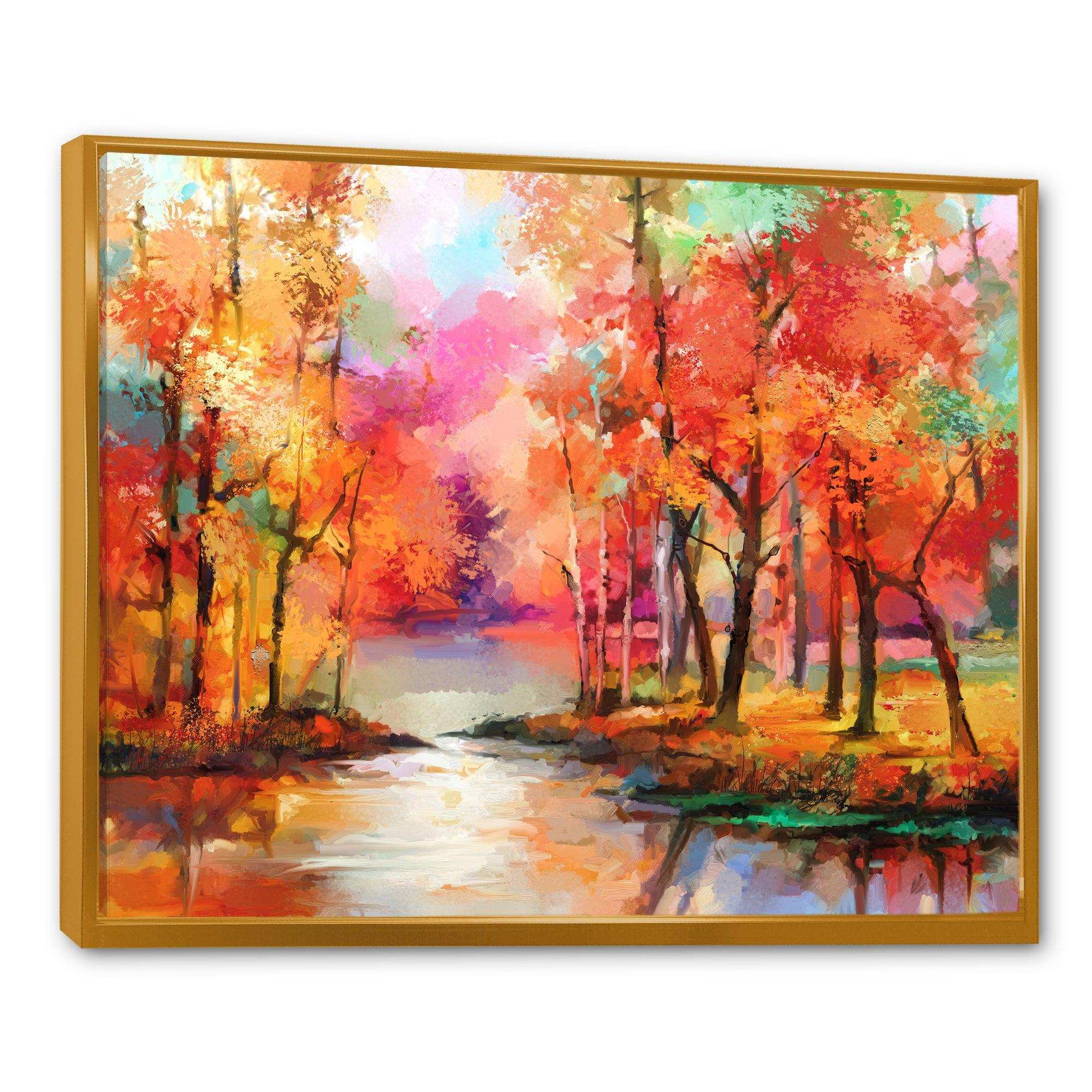 Autumn Aspen Trees In Red Leaf Forest By Lake